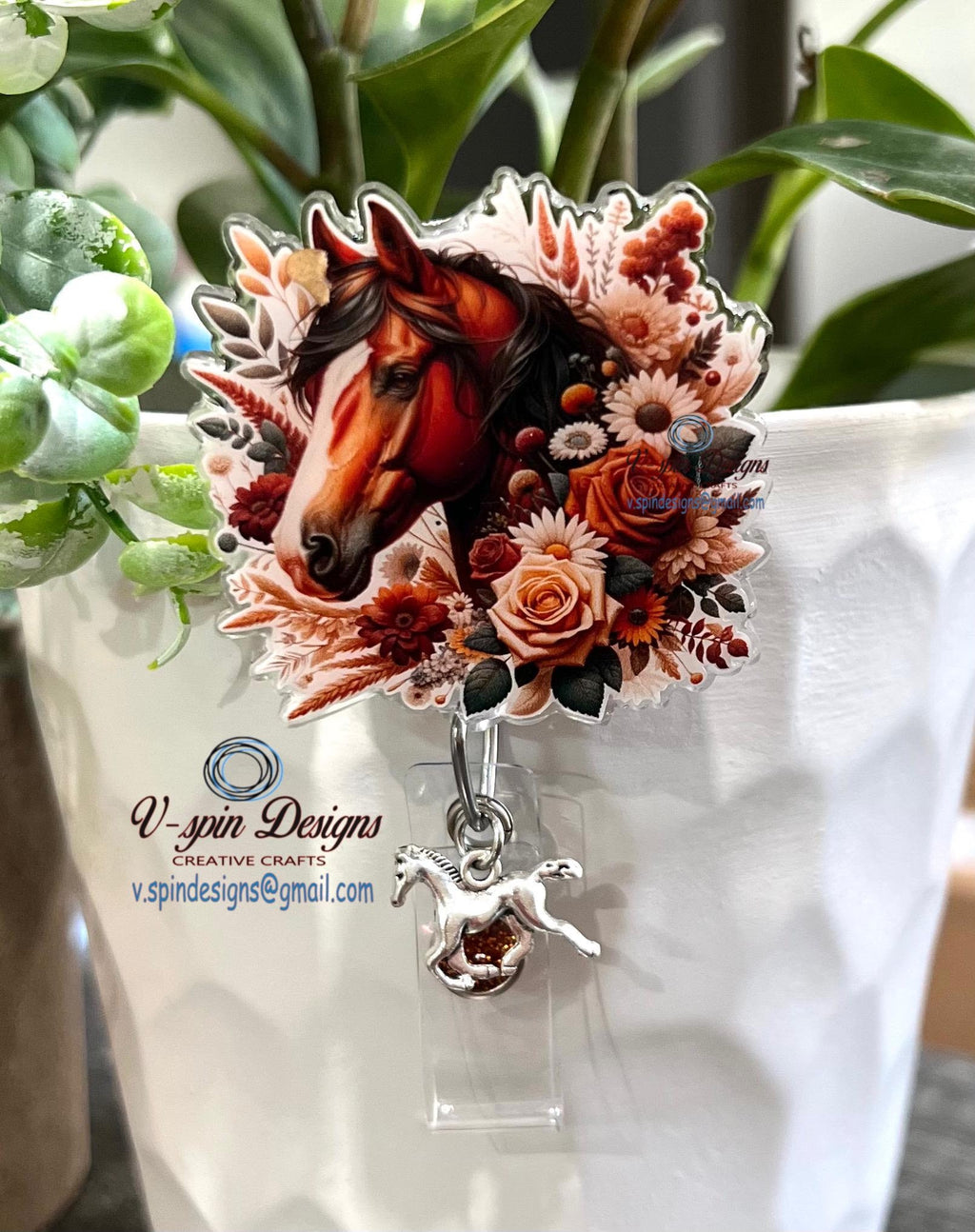 Horse with flowers badge reel/ID Holder/nurses/teachers/badge holder/western/horses/cowgirl