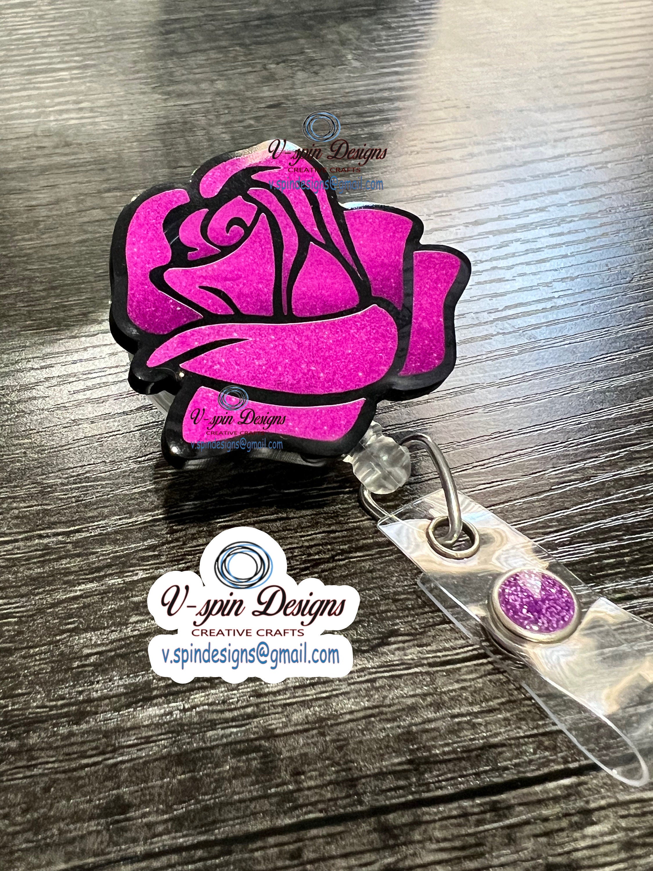 2” Acrylic, Purple Rose badge reel/ID Holder/card holder/teachers/nurses/flowers