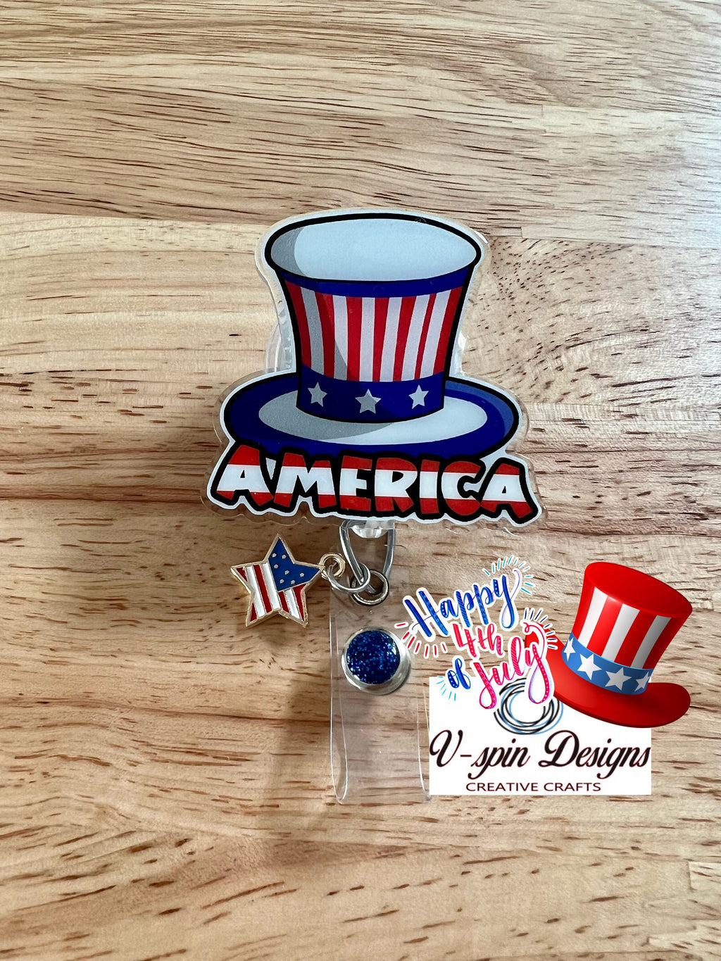 Patriotic America Hat Badge Reel | 4th of July Retractable Acrylic ID Holder