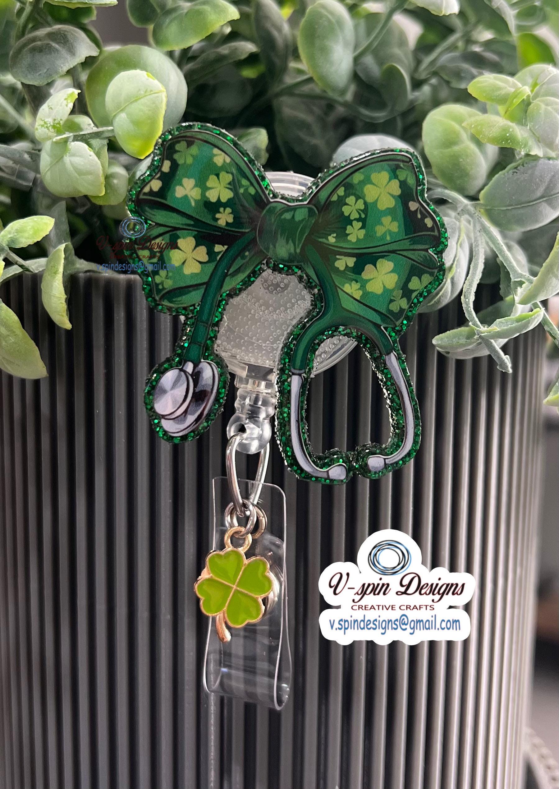 Lucky Stethoscope Clover Bow Badge Reel | St. Patrick's Day Retractable ID Holder