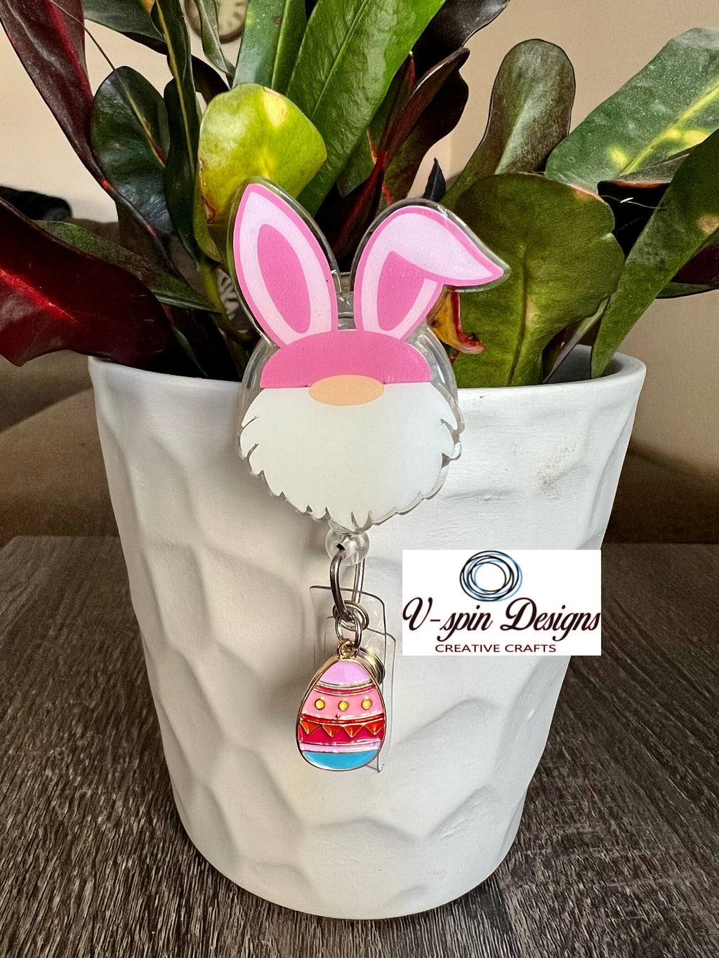 Easter Gnome with Bunny Ears Badge Reel: Acrylic Holiday ID Holder
