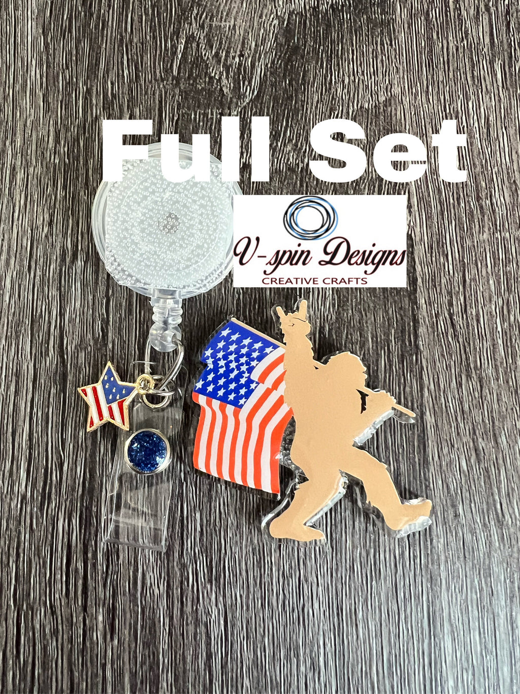 Sasquatch with Flag Badge Reel | Patriotic 4th of July Retractable Acrylic ID Holder