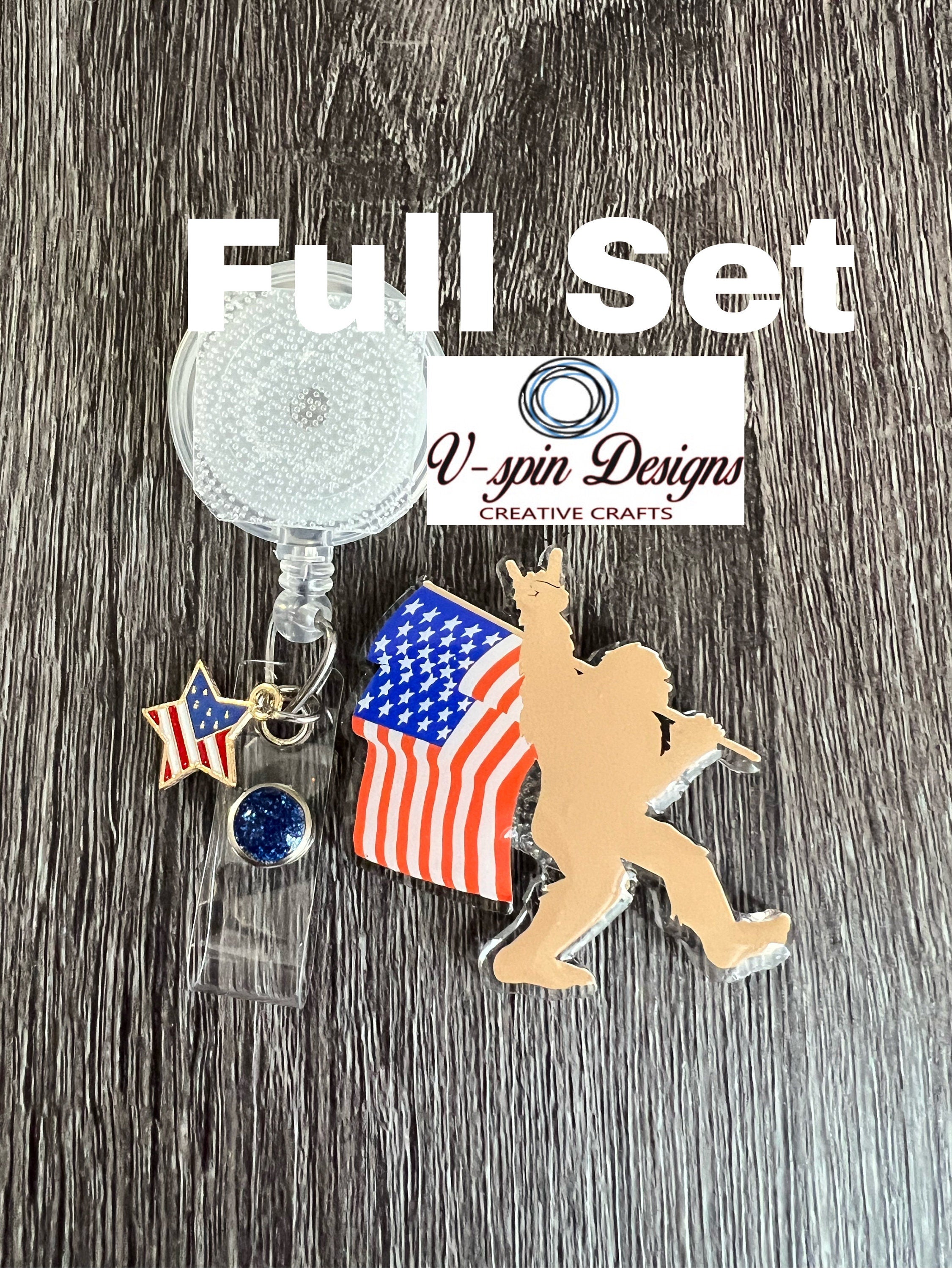 Sasquatch with Flag Badge Reel | Patriotic 4th of July Retractable Acrylic ID Holder