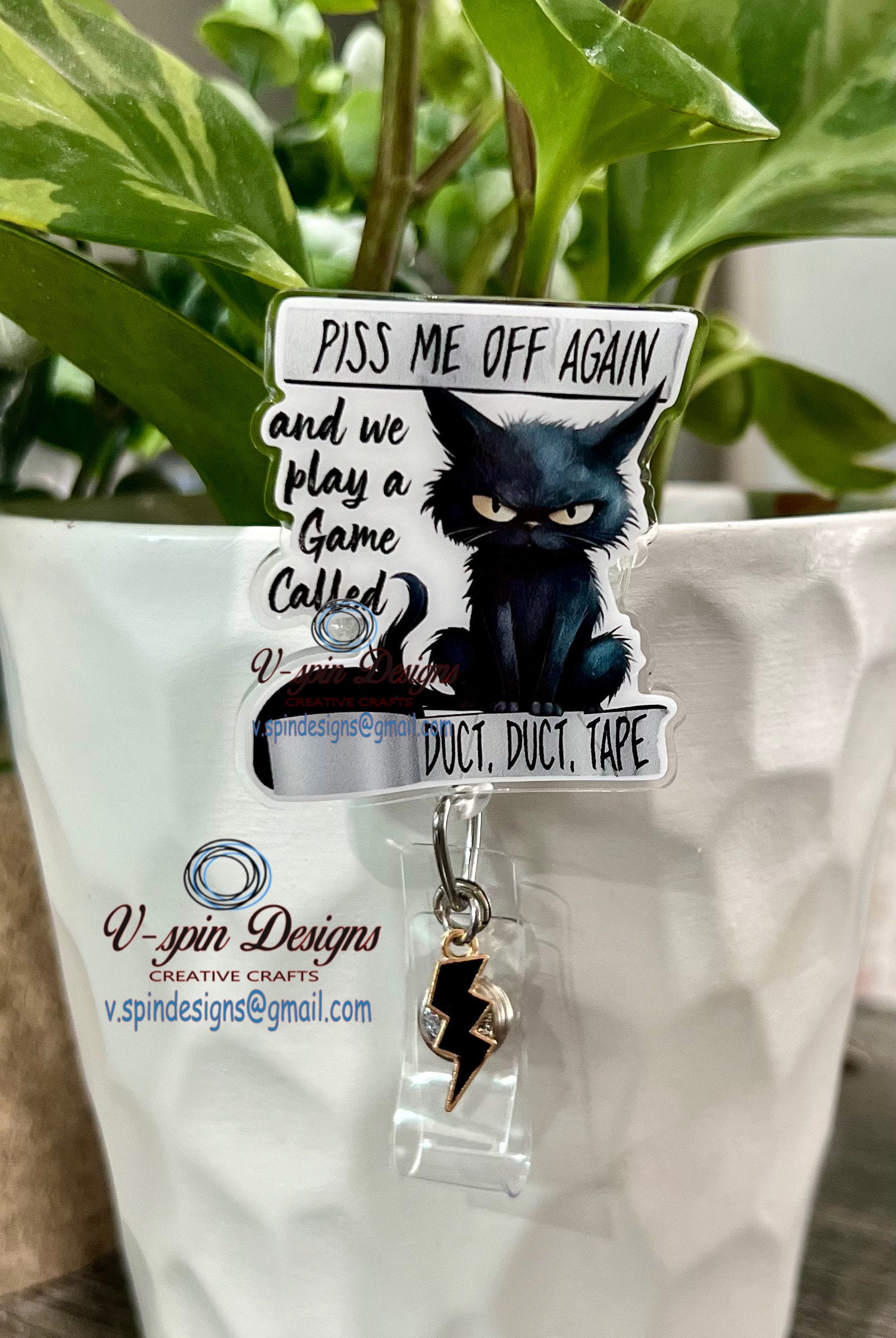 "Piss Me Off & We Play a Game" Black Cat Badge Reel | Funny Retractable ID Holder