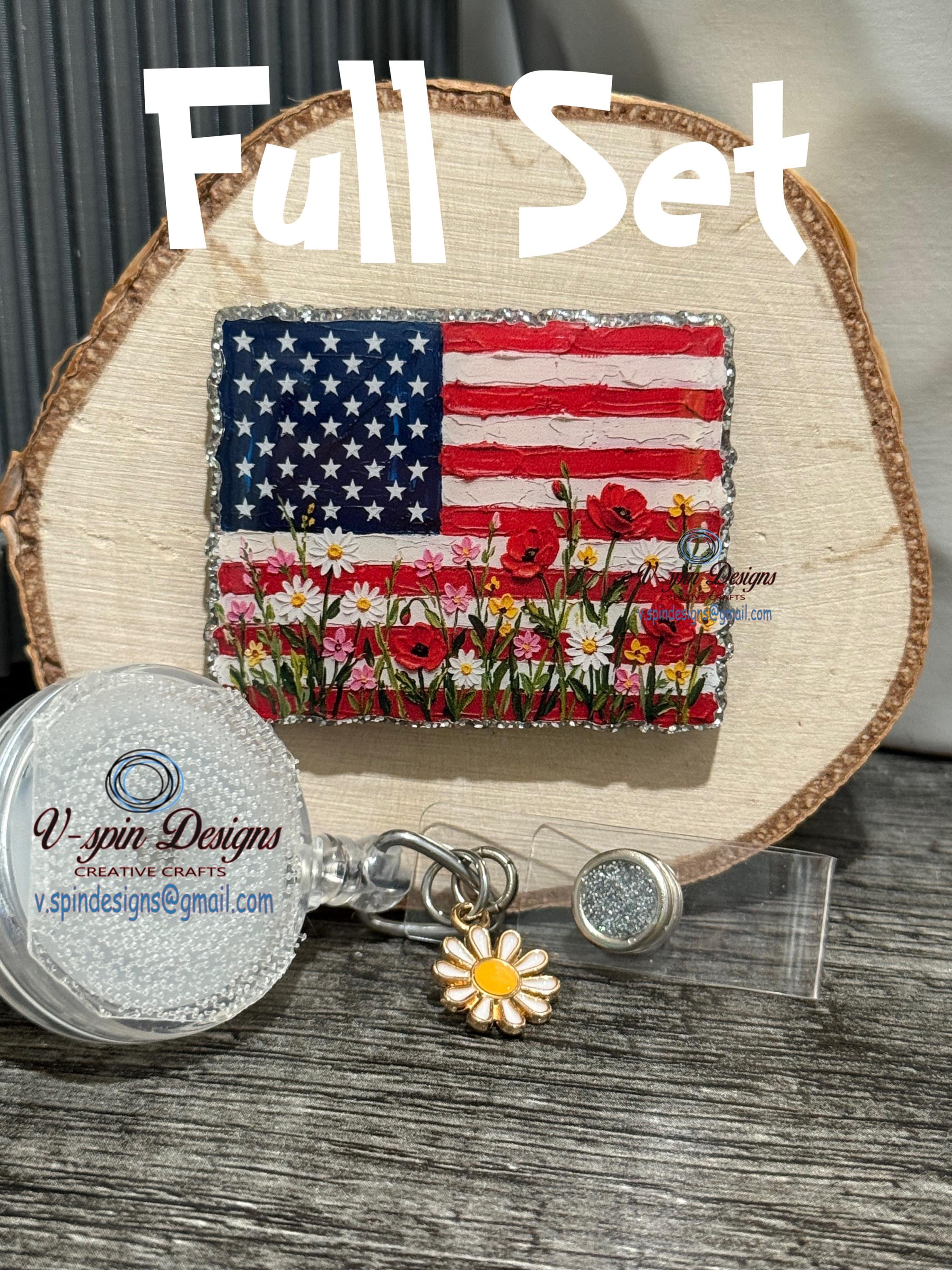 USA Flag Painted Flower Badge Reel | Patriotic Silver Glitter Retractable ID Holder