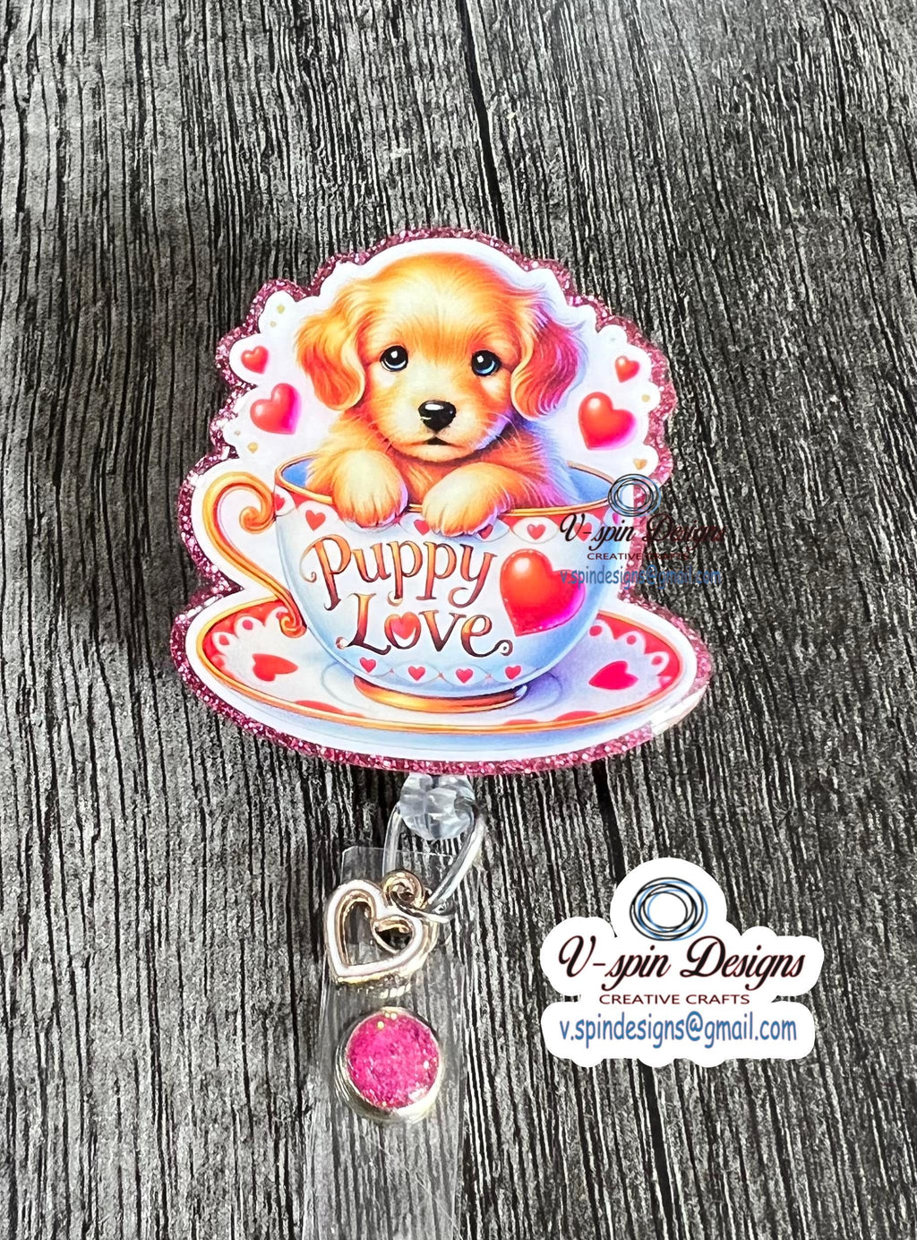 Golden Retriever Tea Cup Badge Reel | Valentine Puppy Retractable Acrylic ID Holder