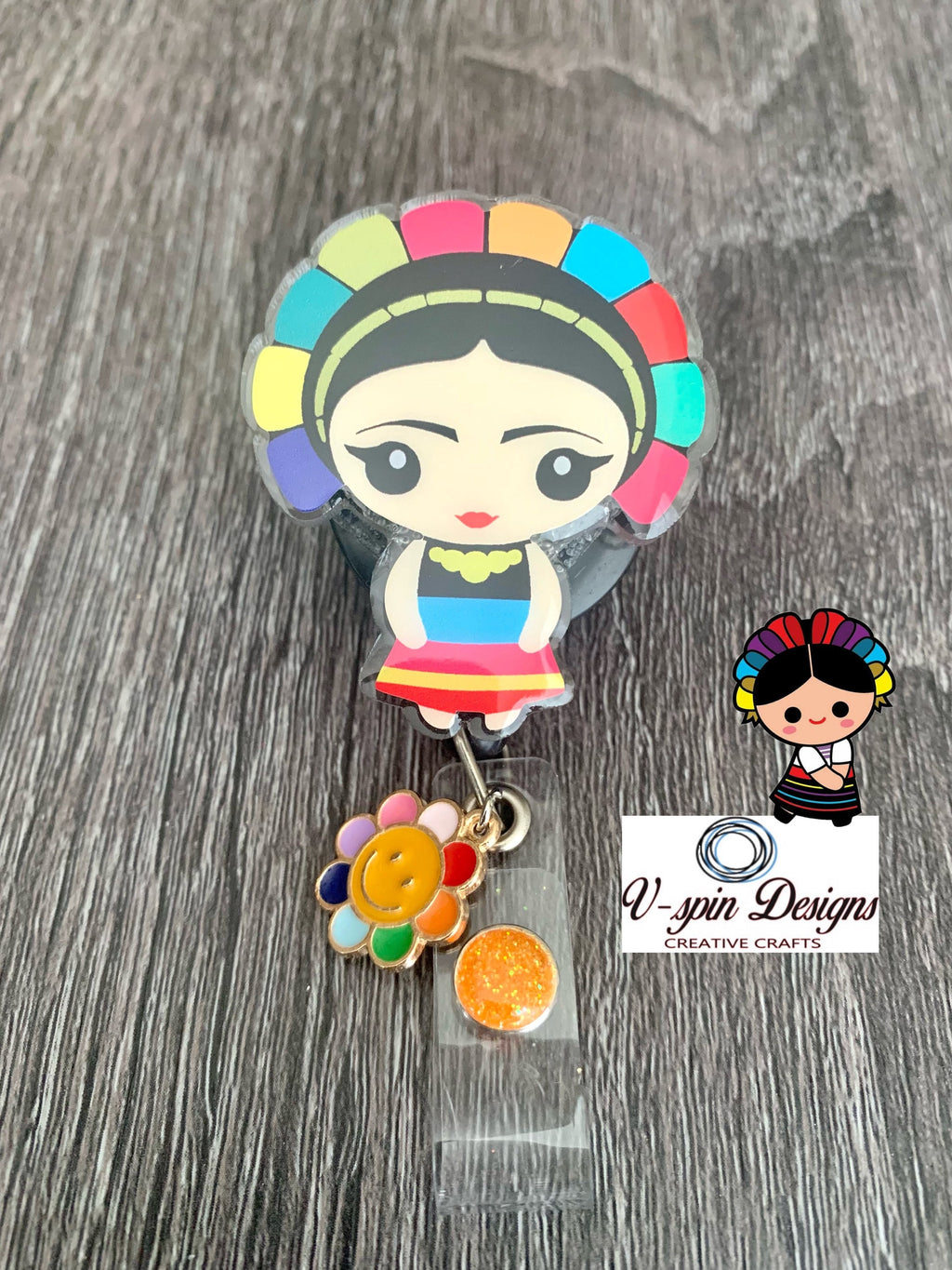 Mexican doll Acrylic badge reel/ID holder/Teachers/nurses/students/heritage