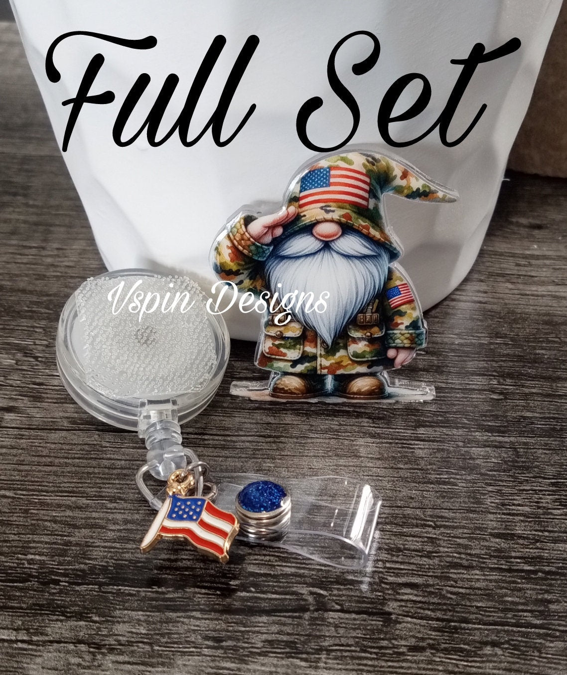 Military Gnome Saluting Badge Reel | Patriotic Retractable Acrylic ID Holder