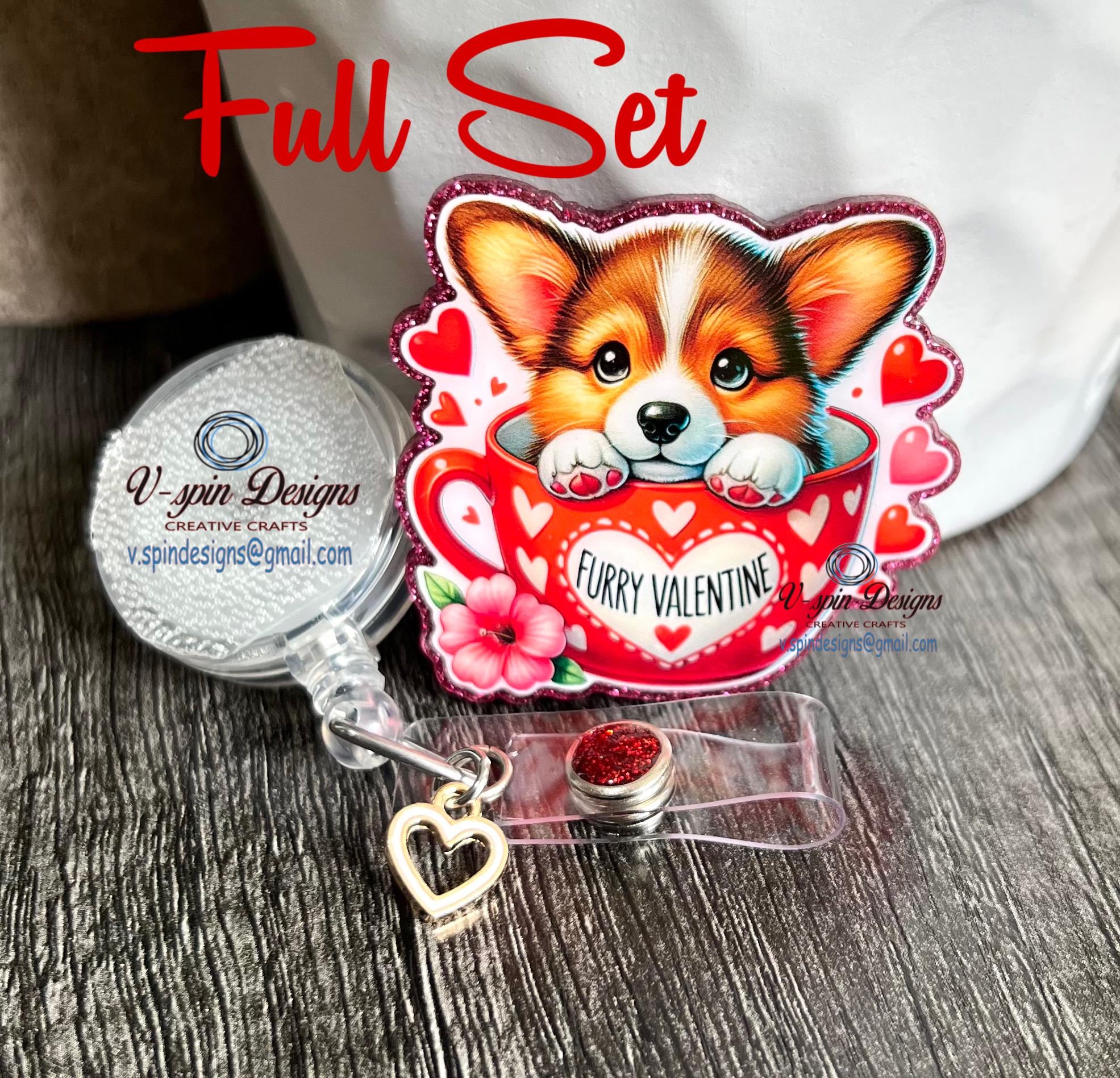 Valentine Corgi Cup Badge Reel: Acrylic ID Holder