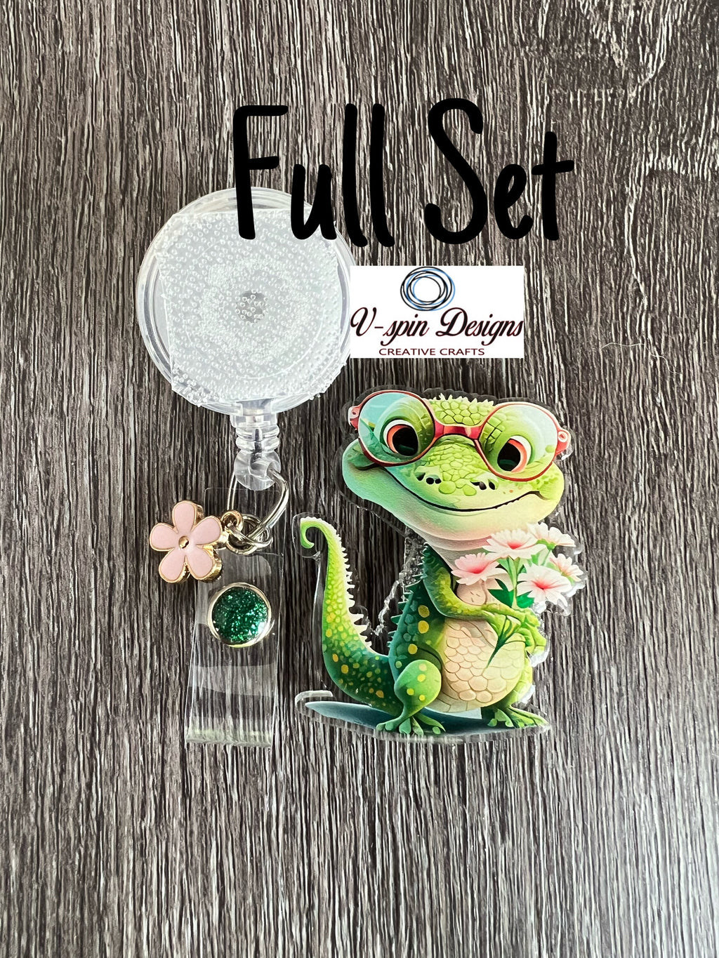 Cute Crocodile with Flowers Badge Reel | Retractable Acrylic ID Holder
