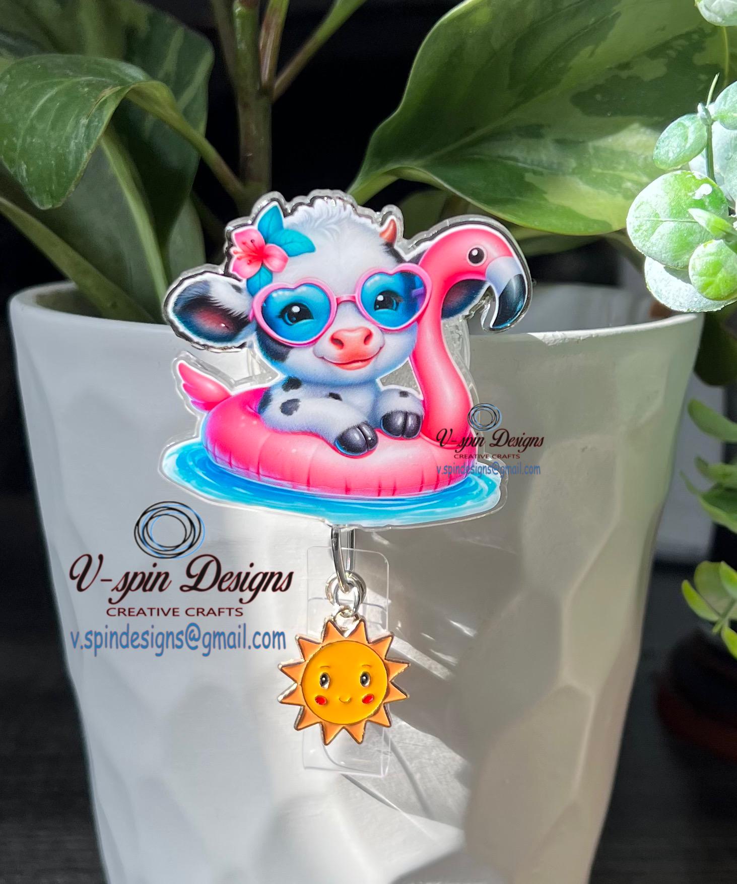 Summer Cow on Flamingo Floaty Badge Reel | Retractable ID Holder