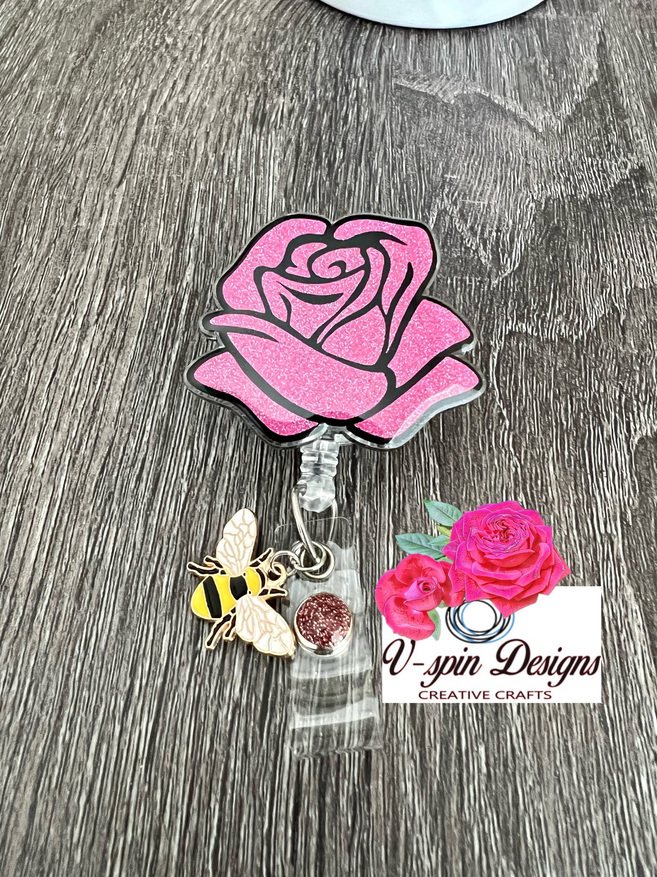 Pink Glitter Rose Badge Reel: Acrylic Retractable ID Holder