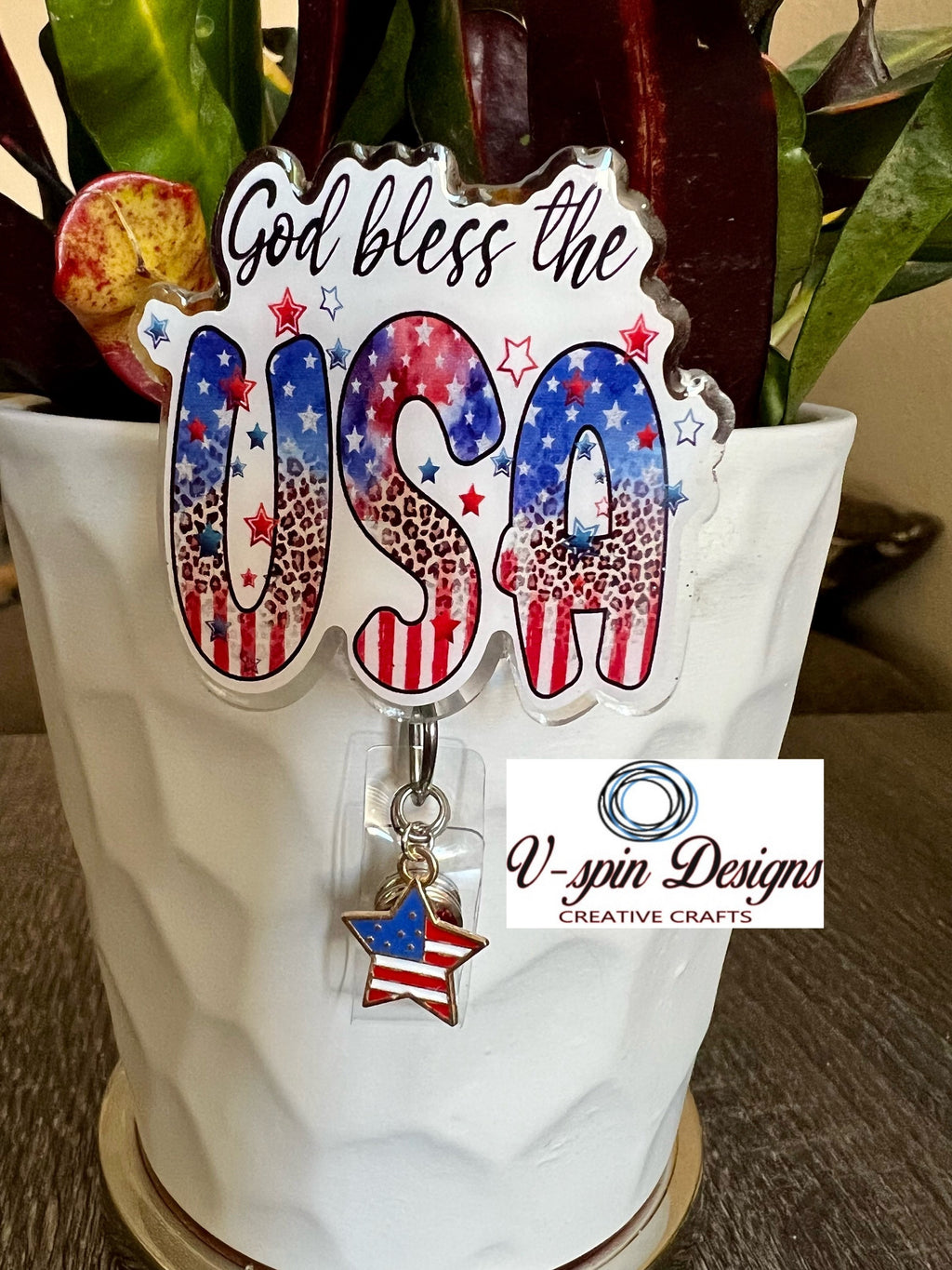"God Bless the USA" Patriotic Badge Reel | Retractable Acrylic ID Holder
