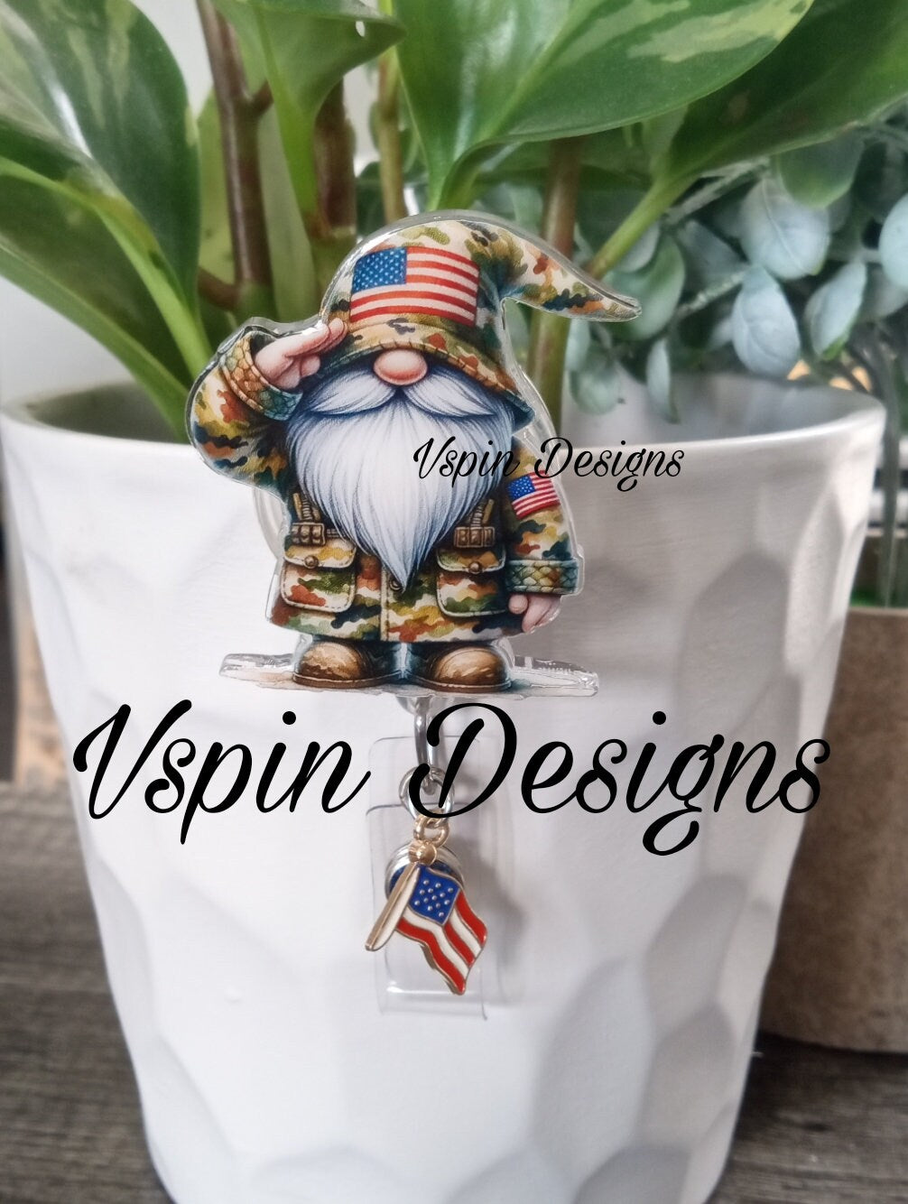 Military Gnome Saluting Badge Reel | Patriotic Retractable Acrylic ID Holder