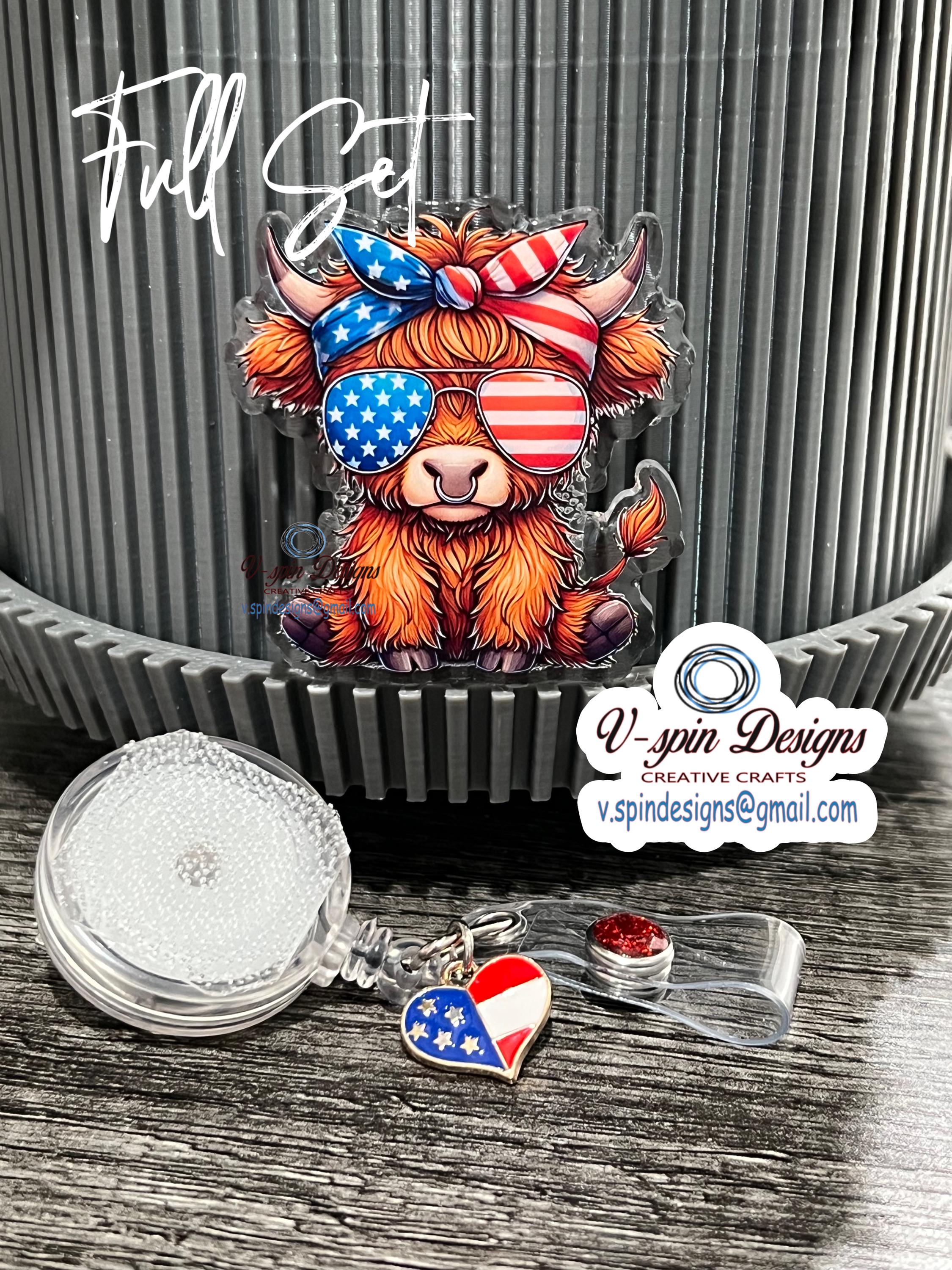 Sassy Highland Cow 4th of July Badge Reel | Patriotic Retractable Acrylic ID Holder