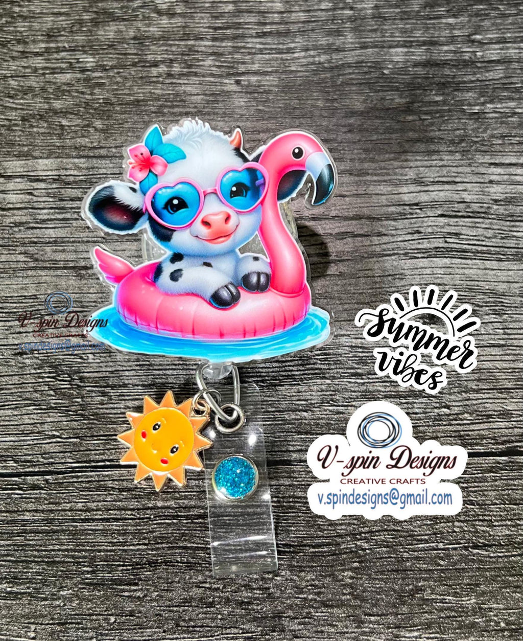 Summer Cow on Flamingo Floaty Badge Reel | Retractable ID Holder