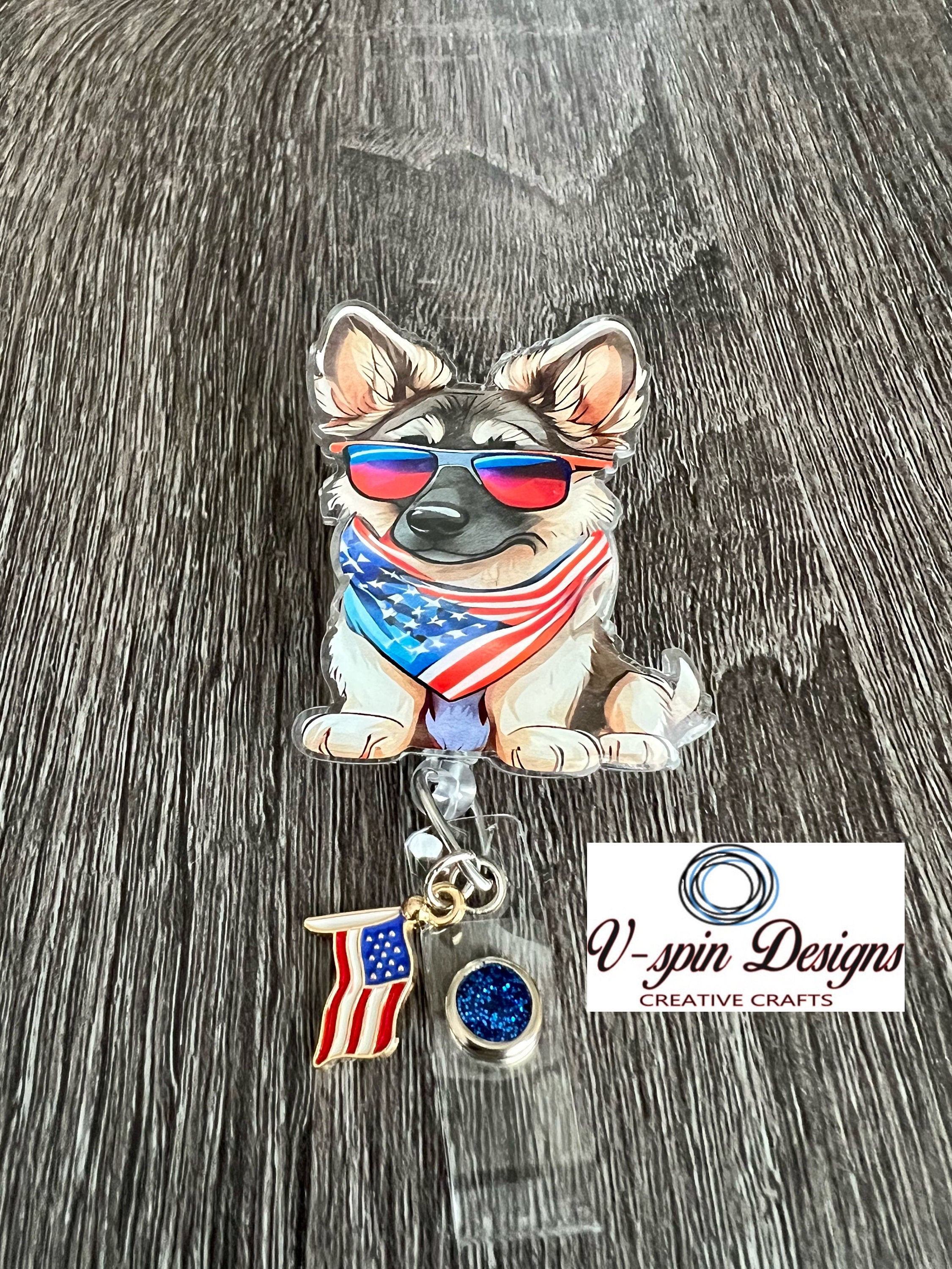 Patriotic German Shepherd Badge Reel | 4th of July Retractable ID Holder