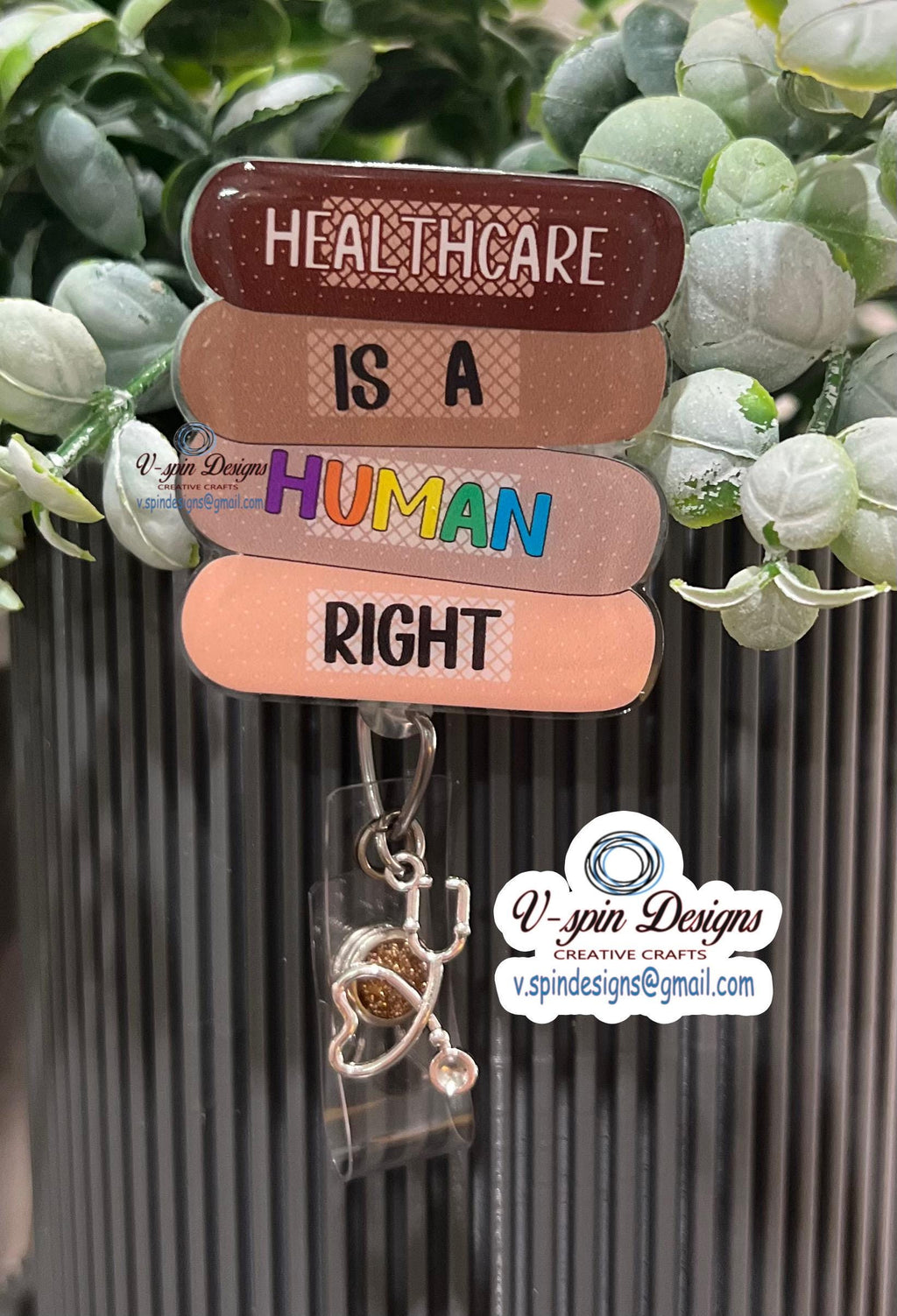 "Healthcare Is A Human Right" Badge Reel | Band-Aid Acrylic Retractable ID Holder