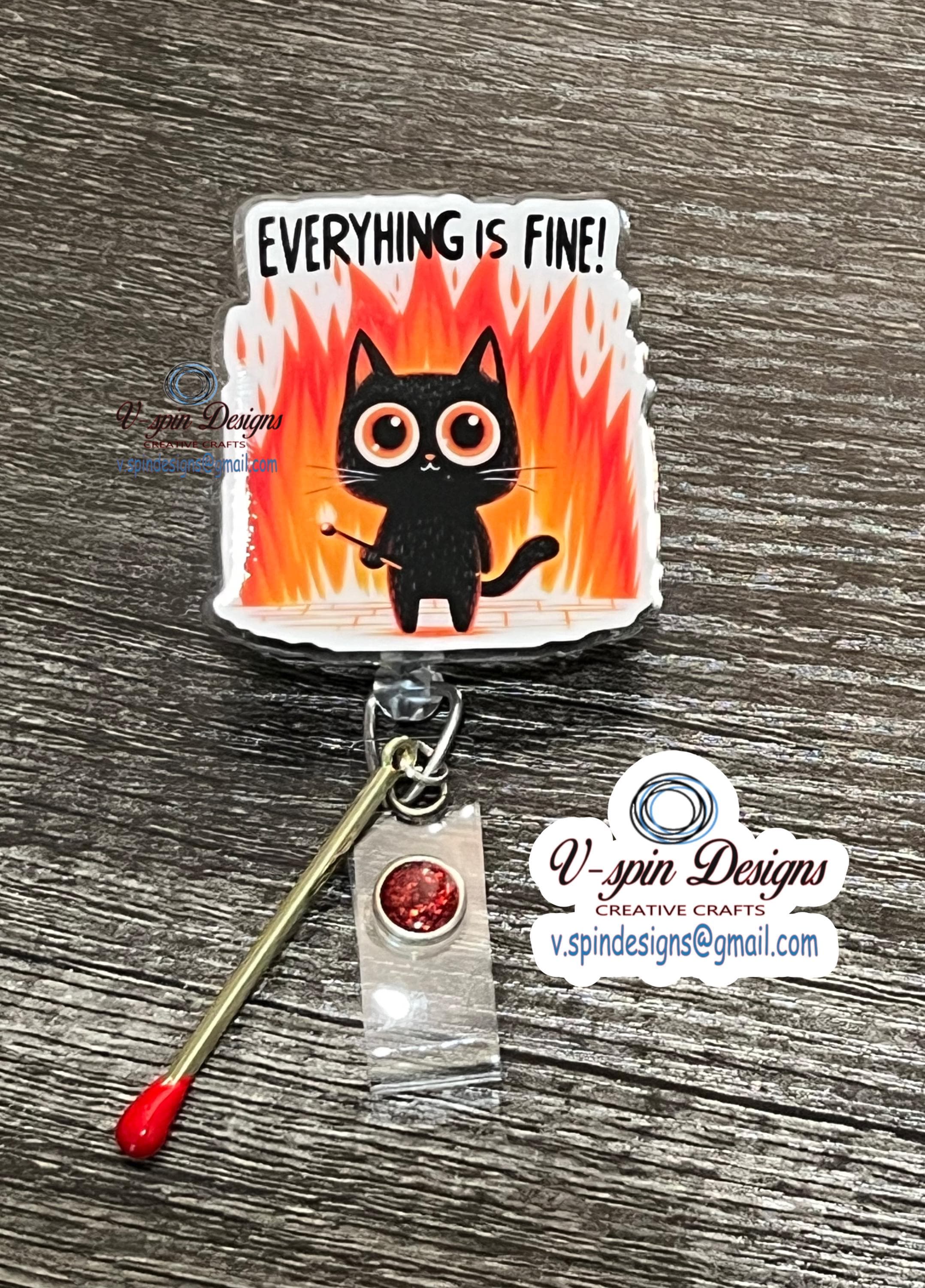 "Everything Is Fine" Black Cat with Match Badge Reel | Funny Retractable ID Holder