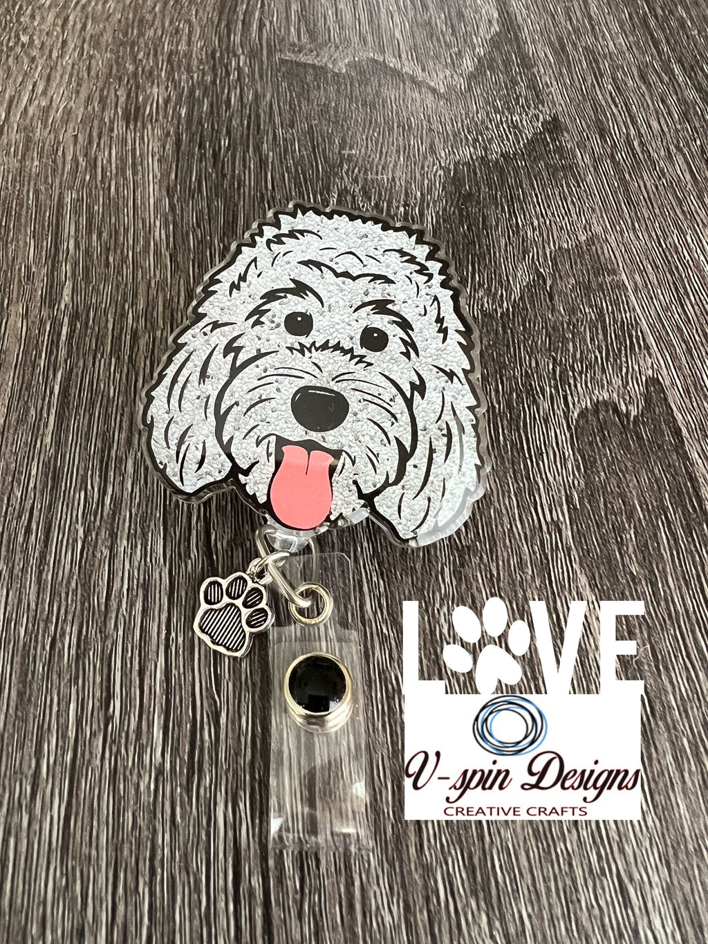 White Doodle Dog Badge Reel | Retractable Acrylic ID Holder for Dog Lovers