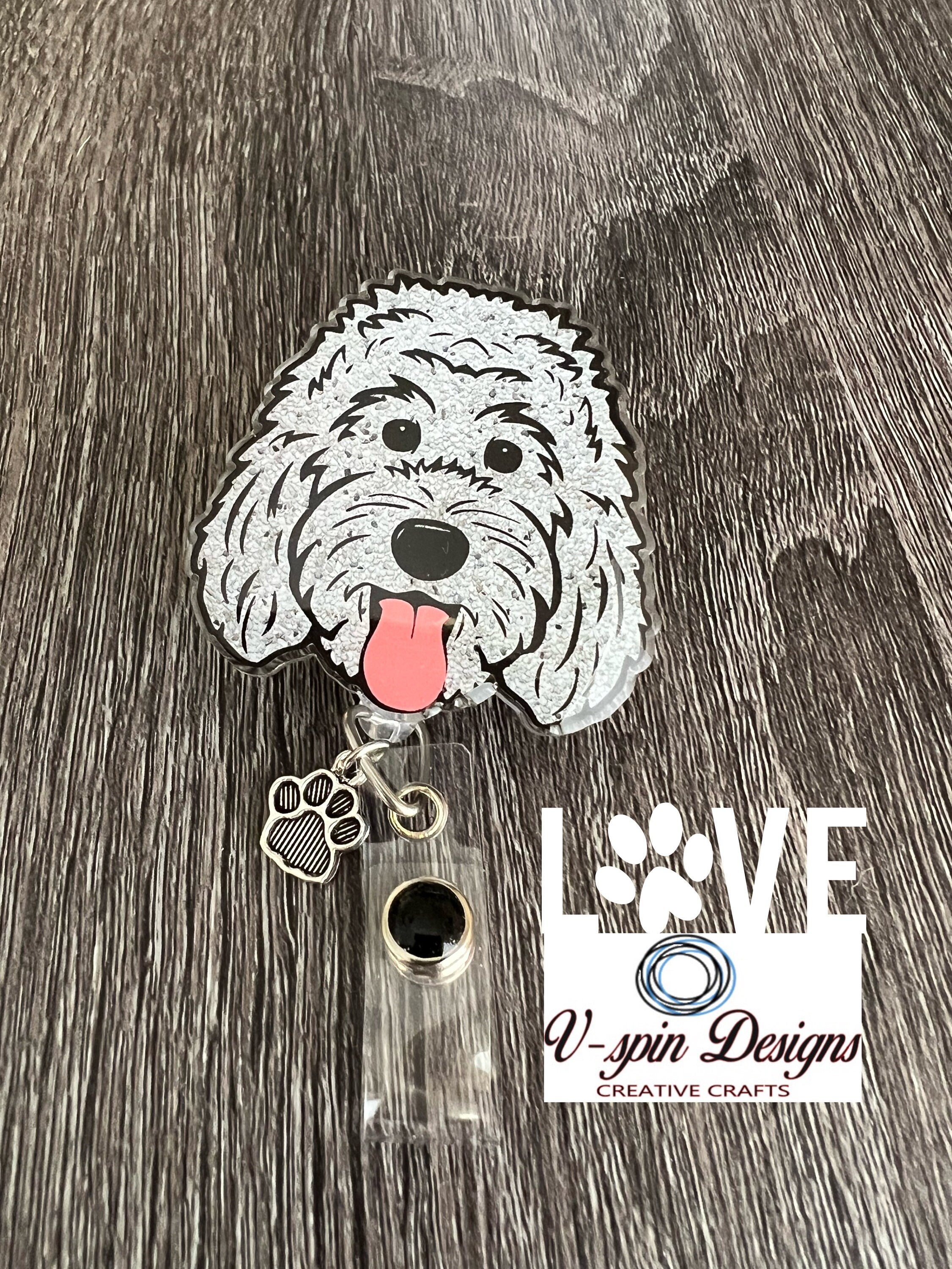 White Doodle Dog Badge Reel | Retractable Acrylic ID Holder for Dog Lovers
