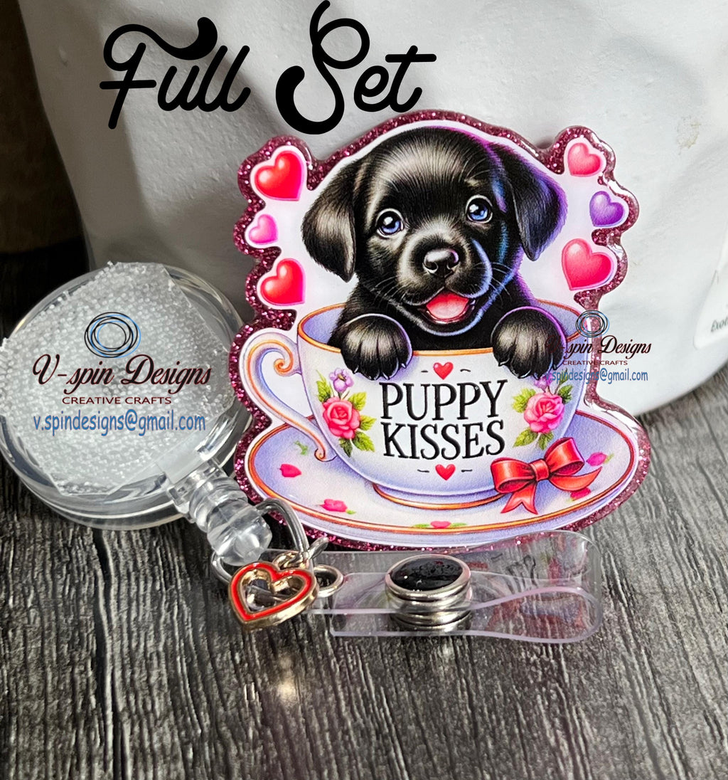 Black Lab Valentine Tea Cup Badge Reel | Retractable Acrylic ID Holder