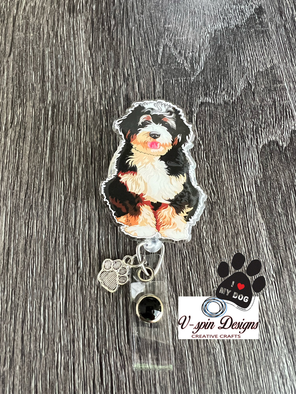 Bernedoodle Dog Badge Reel: Interchangeable ID Holder with Charm