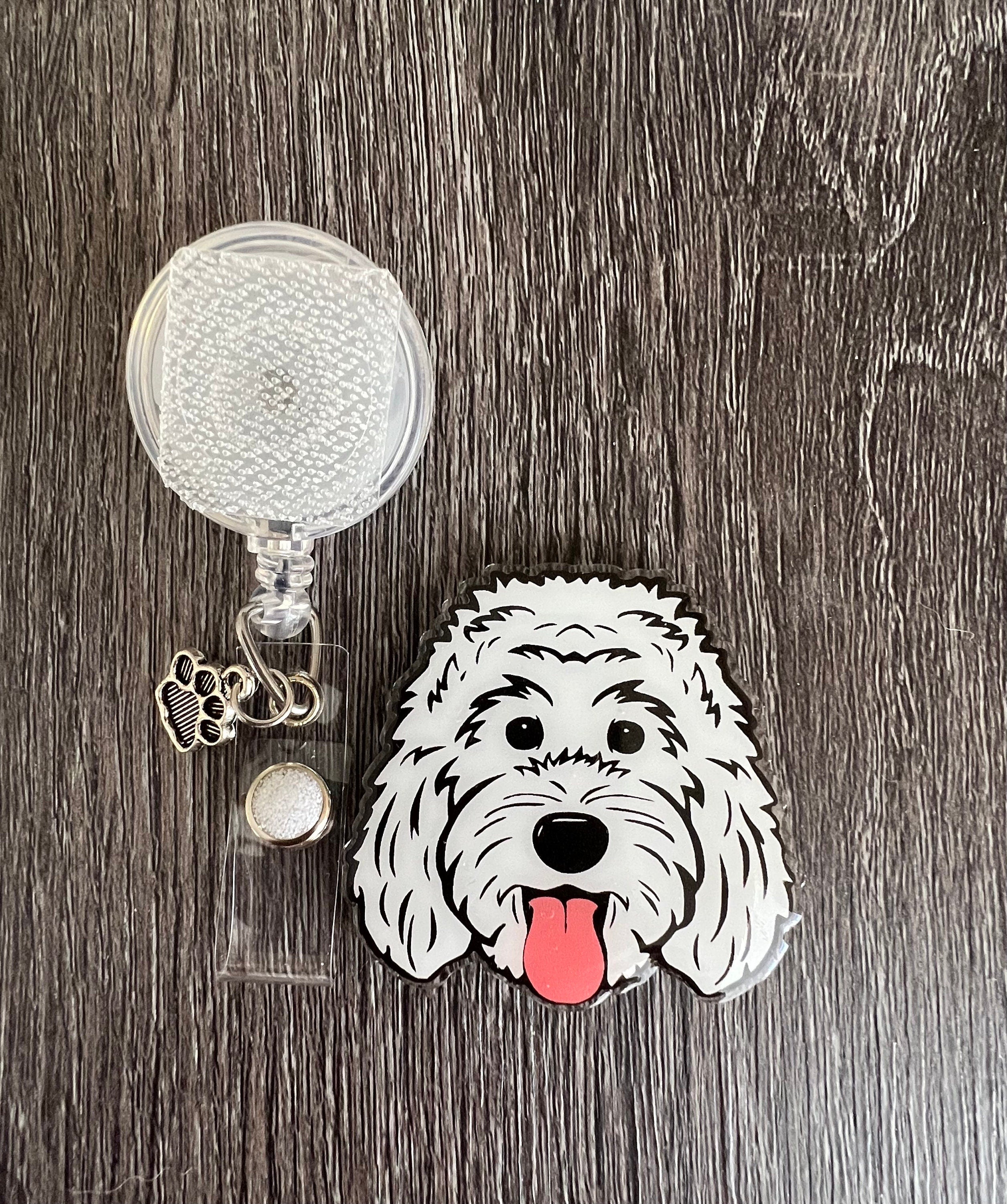 White Doodle Dog Badge Reel | Retractable Acrylic ID Holder