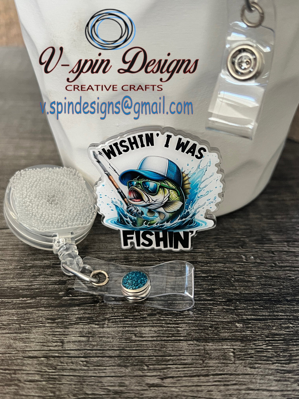 Wishin I was Fishin bass badge reel/ID Holder/nurses/teachers/bass/fishing badge reels