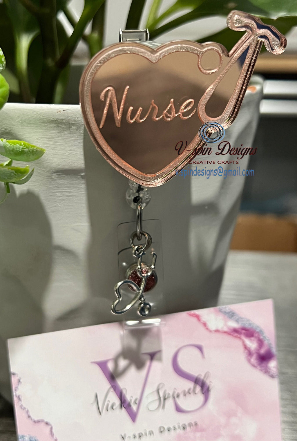 Personalized Rose Gold Stethoscope Badge Reel: Mirrored Acrylic Nurse ID Holder