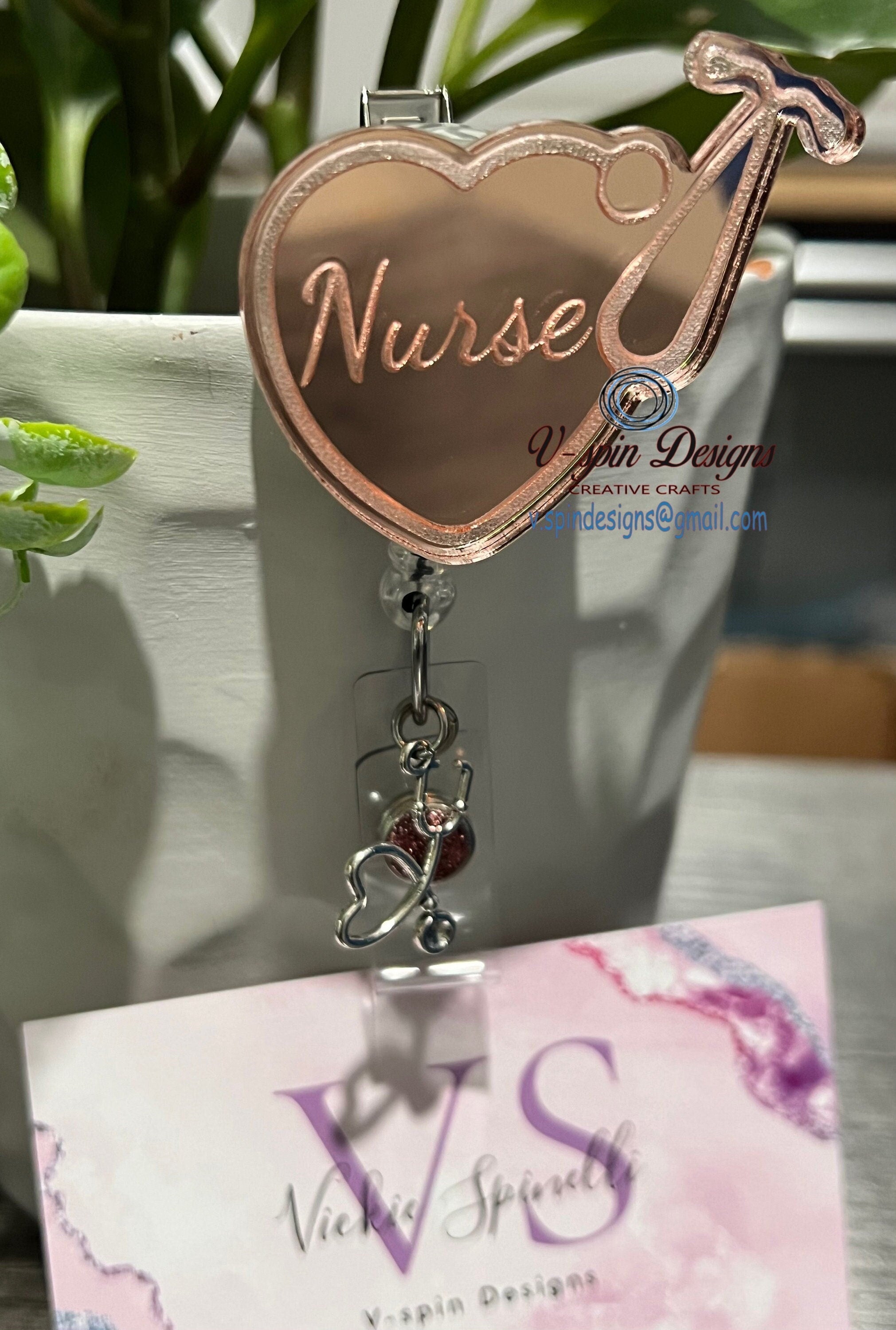 Personalized Rose Gold Stethoscope Badge Reel: Mirrored Acrylic Nurse ID Holder