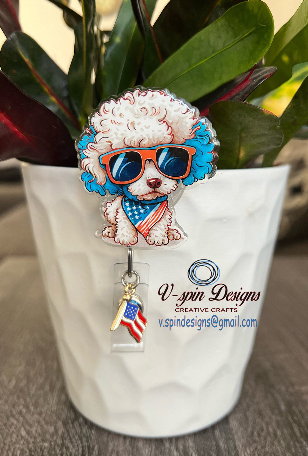 Patriotic Poodle Badge Reel, Charm, and Matching Snap