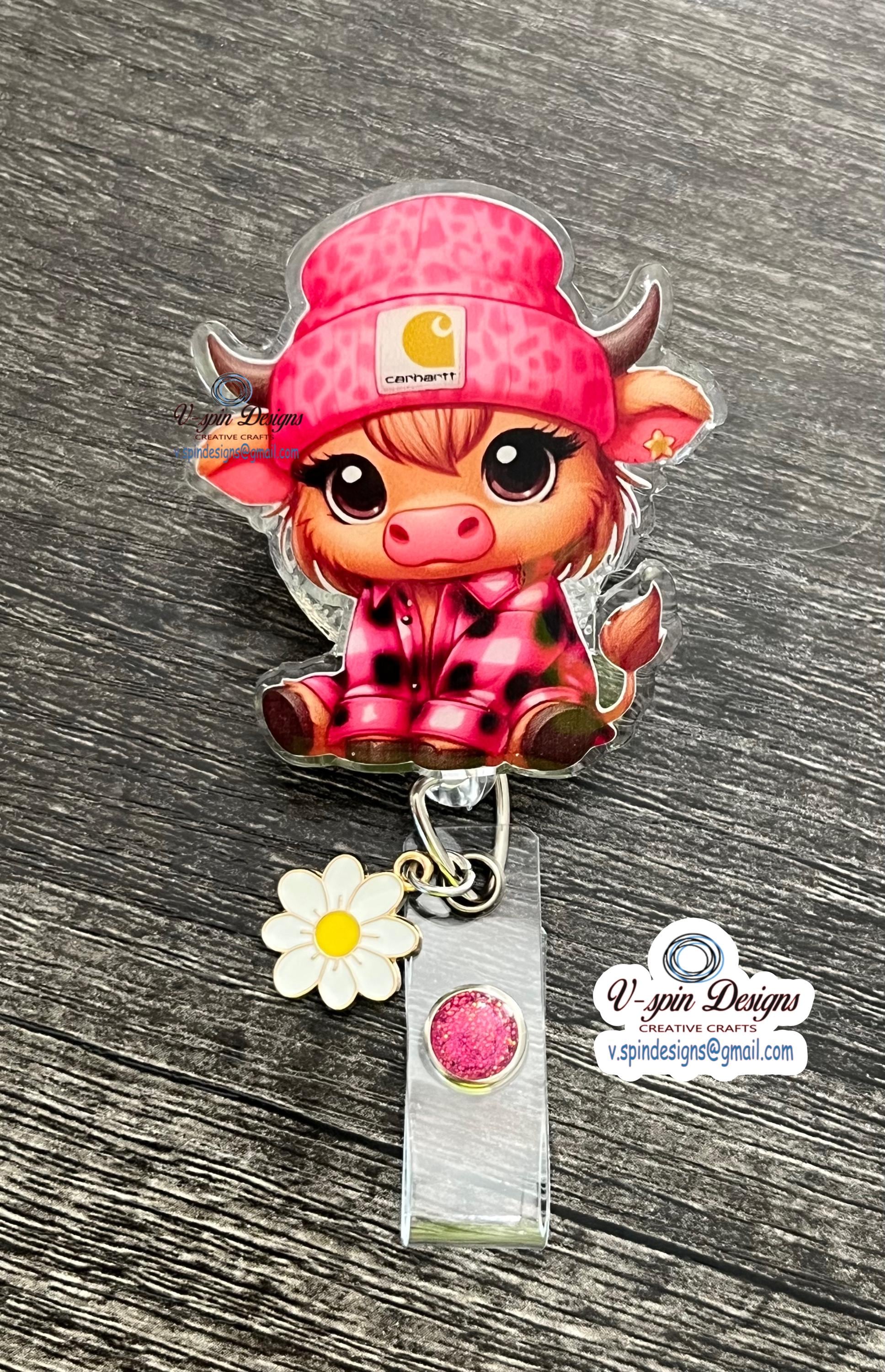 Cute Highland Cow with Beanie Badge Reel: Acrylic Retractable ID Holder