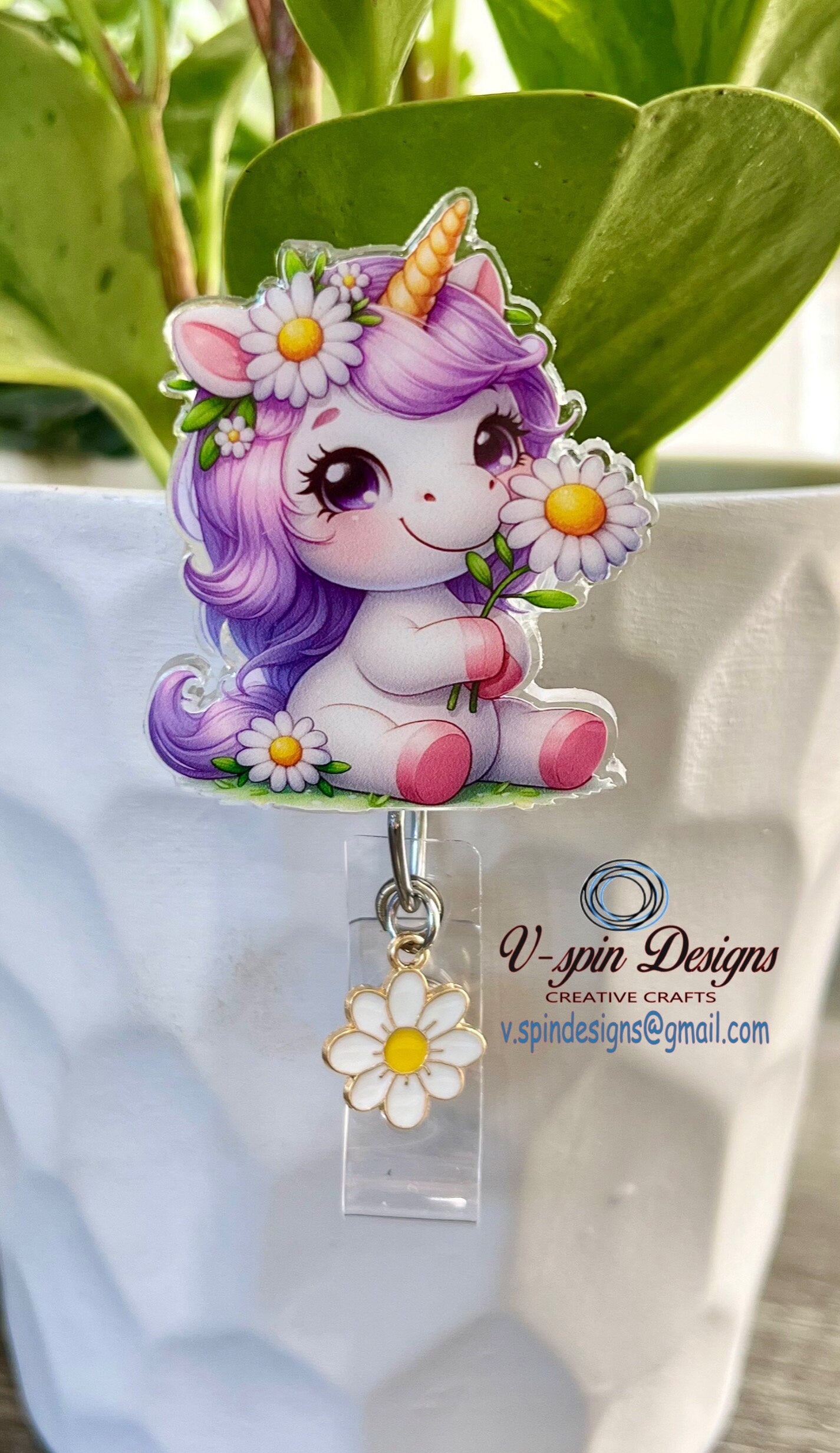 Unicorn Holding a Daisy Badge Reel | Retractable Acrylic ID Holder