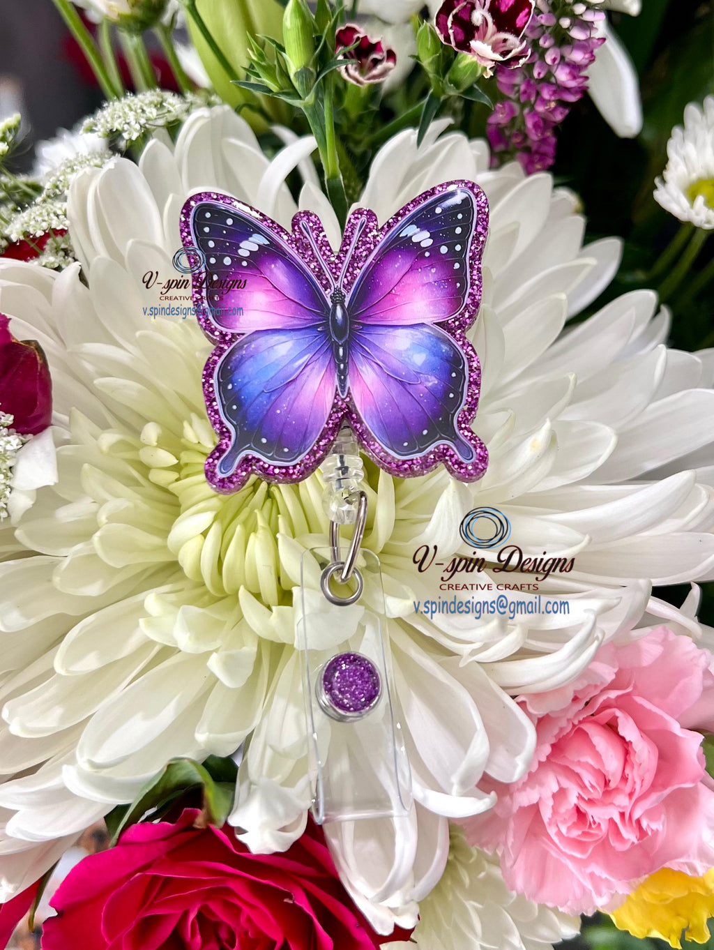 Purple Glitter Acrylic Butterfly Badge reel/ID Holder card holder/nurse/teachers/butterfly badge topper