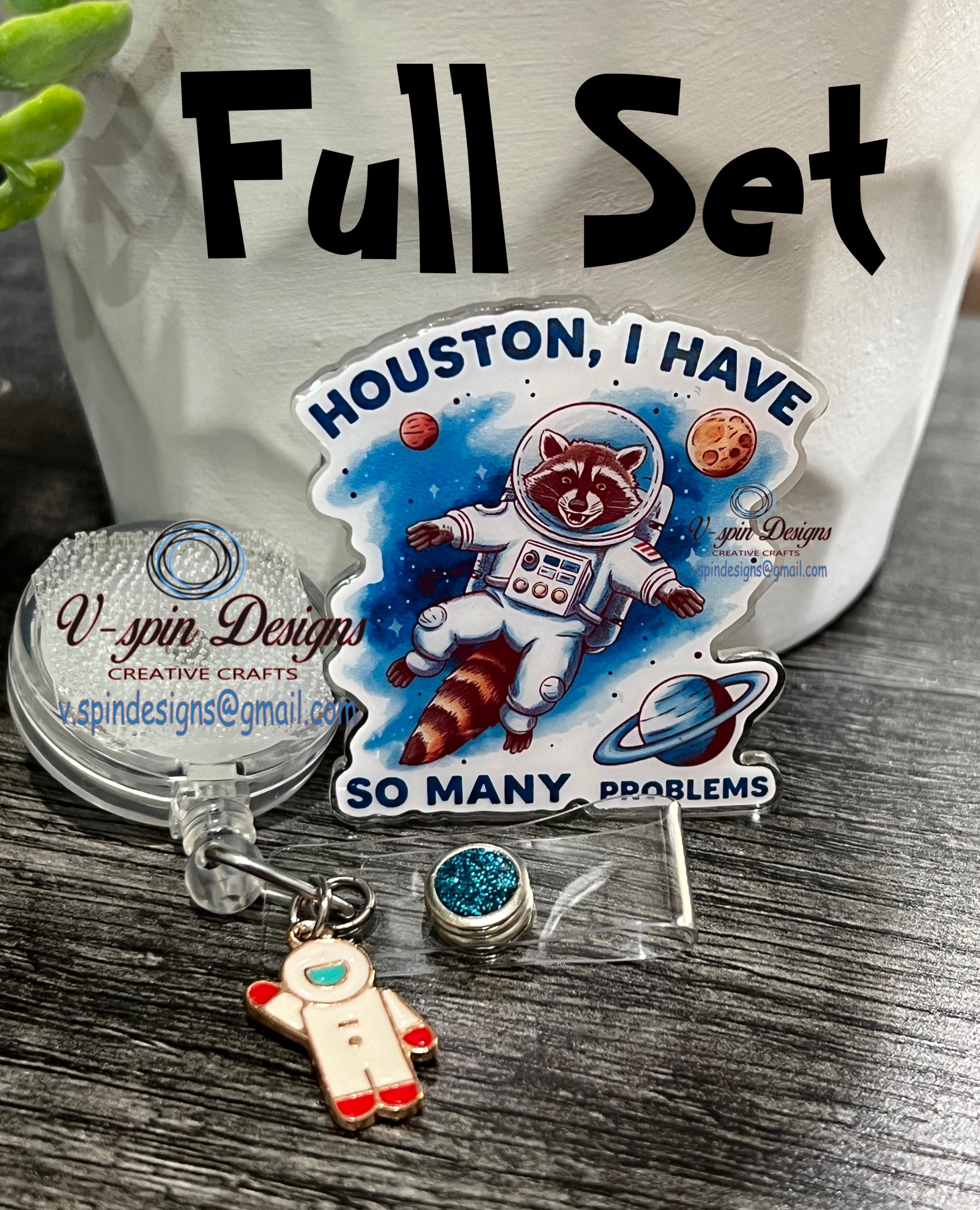 "Houston, I Have So Many Problems" Raccoon Astronaut Badge Reel | Funny Retractable ID Holder