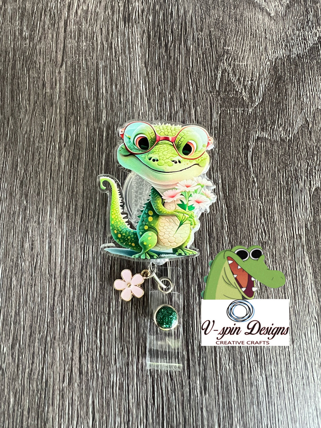 Cute Crocodile with Flowers Badge Reel | Retractable Acrylic ID Holder