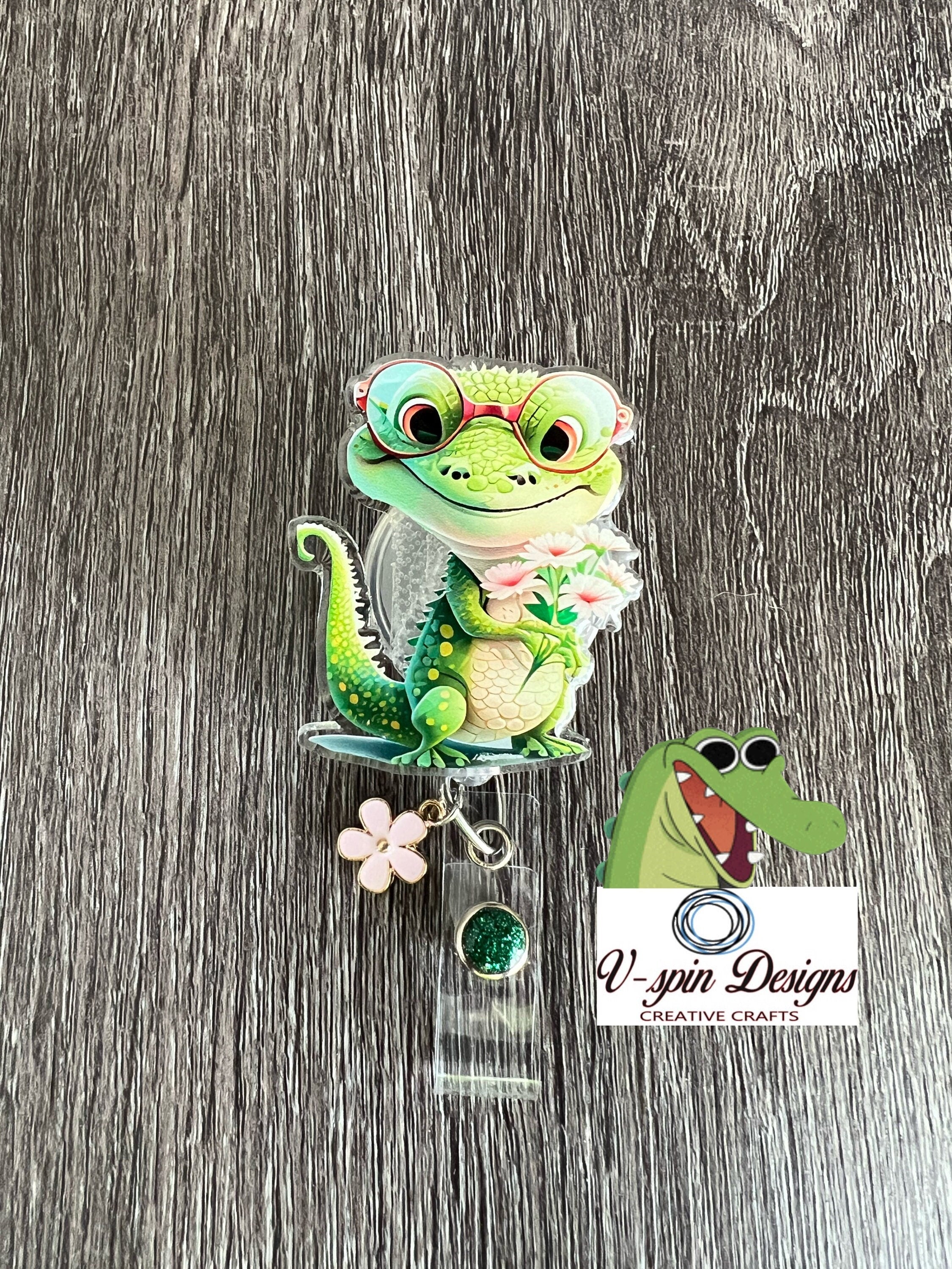 Cute Crocodile with Flowers Badge Reel | Retractable Acrylic ID Holder