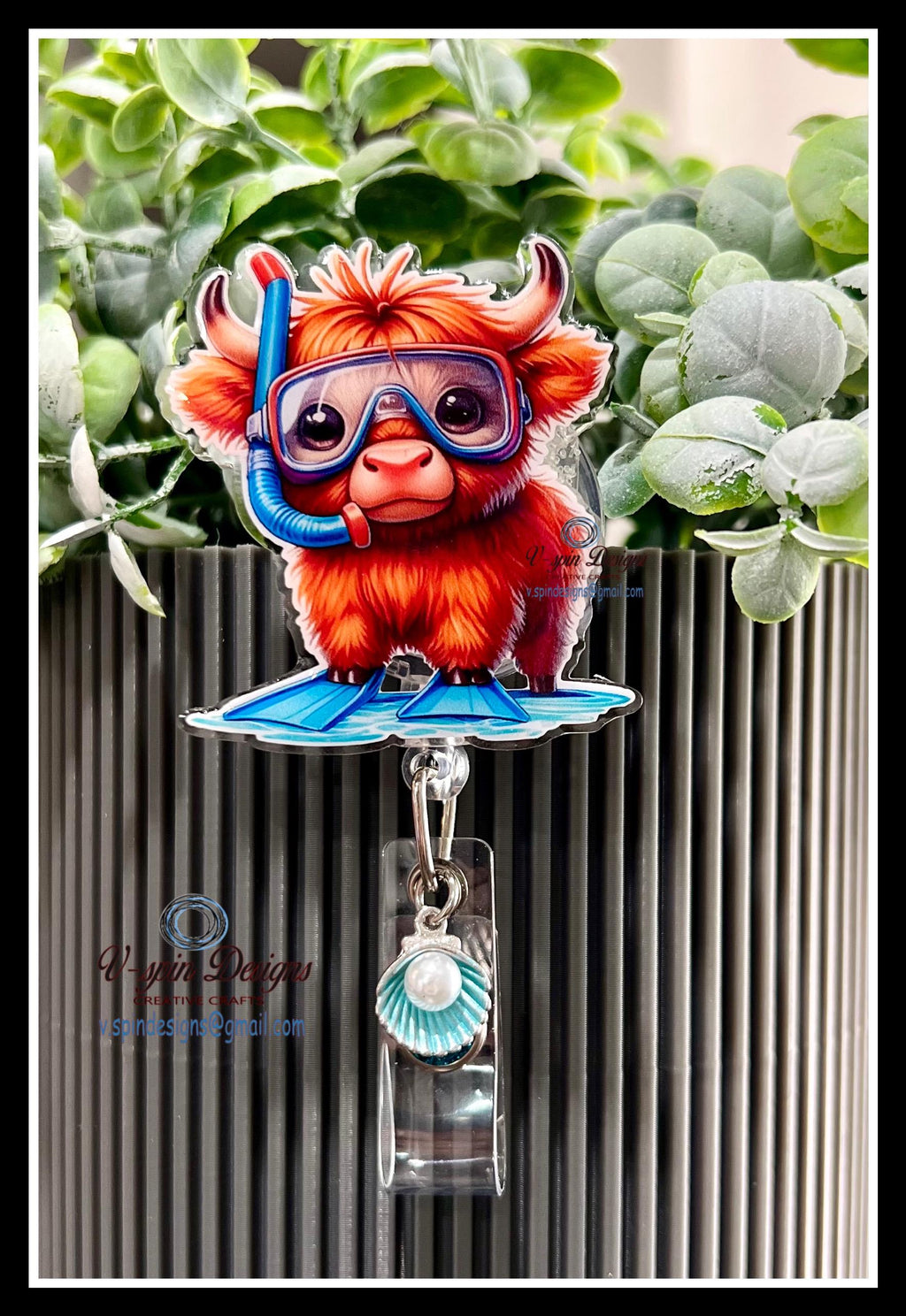 Snorkeling Highland Cow Badge Reel | Summer Retractable Acrylic ID Holder