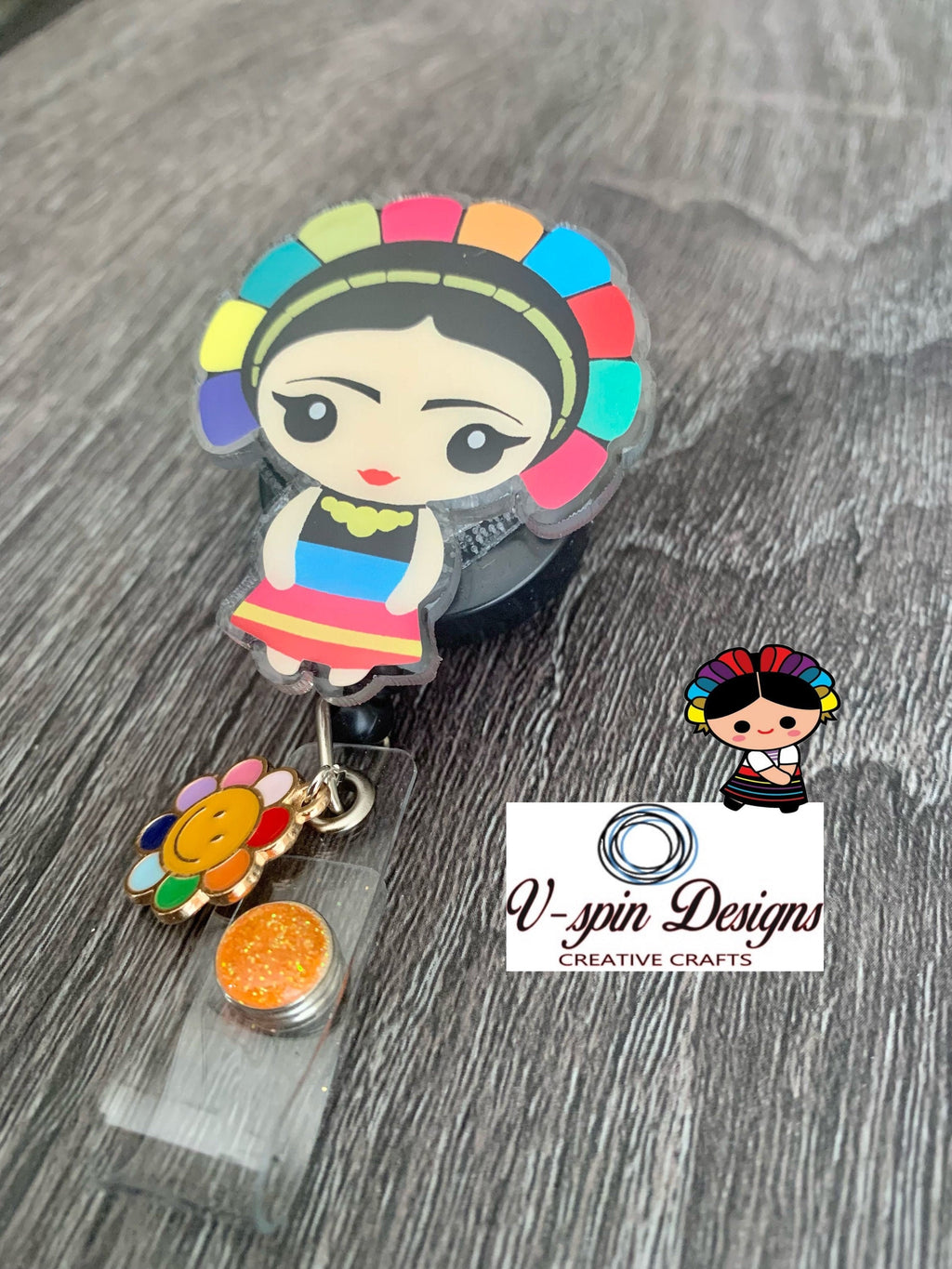 Mexican doll Acrylic badge reel/ID holder/Teachers/nurses/students/heritage