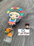 Mexican doll Acrylic badge reel/ID holder/Teachers/nurses/students/heritage