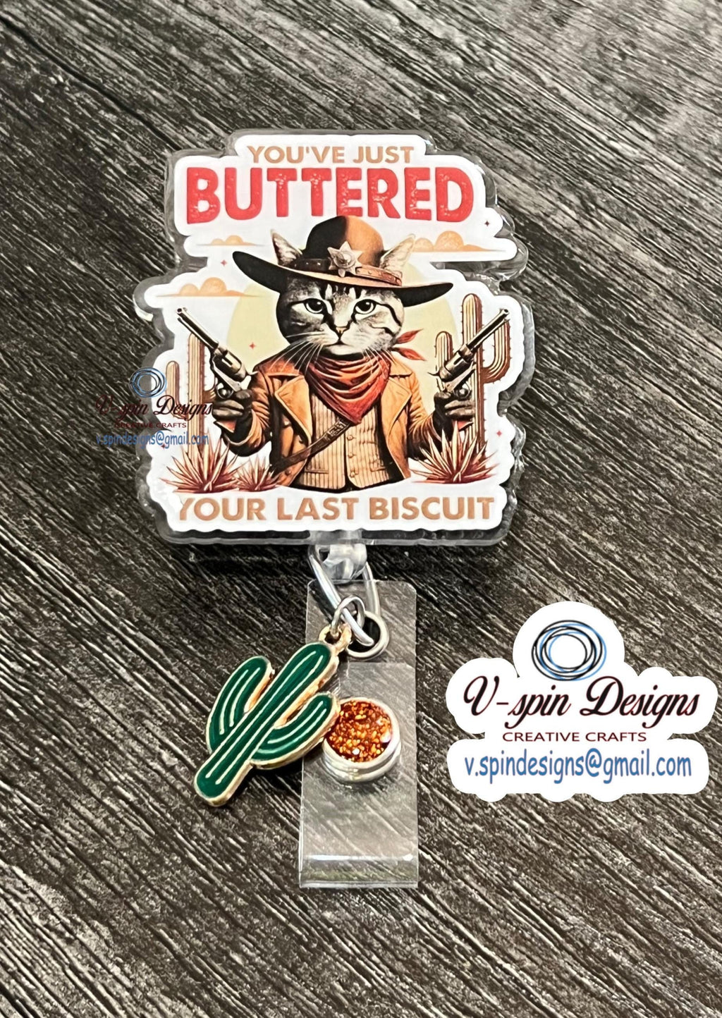 "You've Just Buttered Your Last Biscuit" Western Cat Badge Reel | Funny Retractable ID Holder