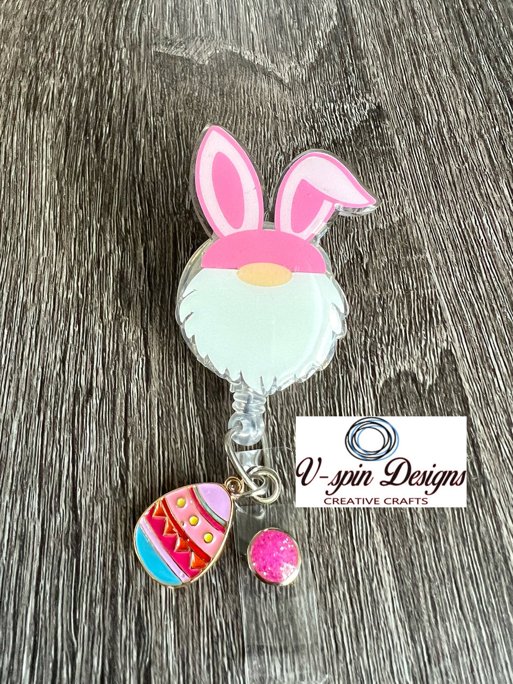 Easter Gnome with Bunny Ears Badge Reel: Acrylic Holiday ID Holder