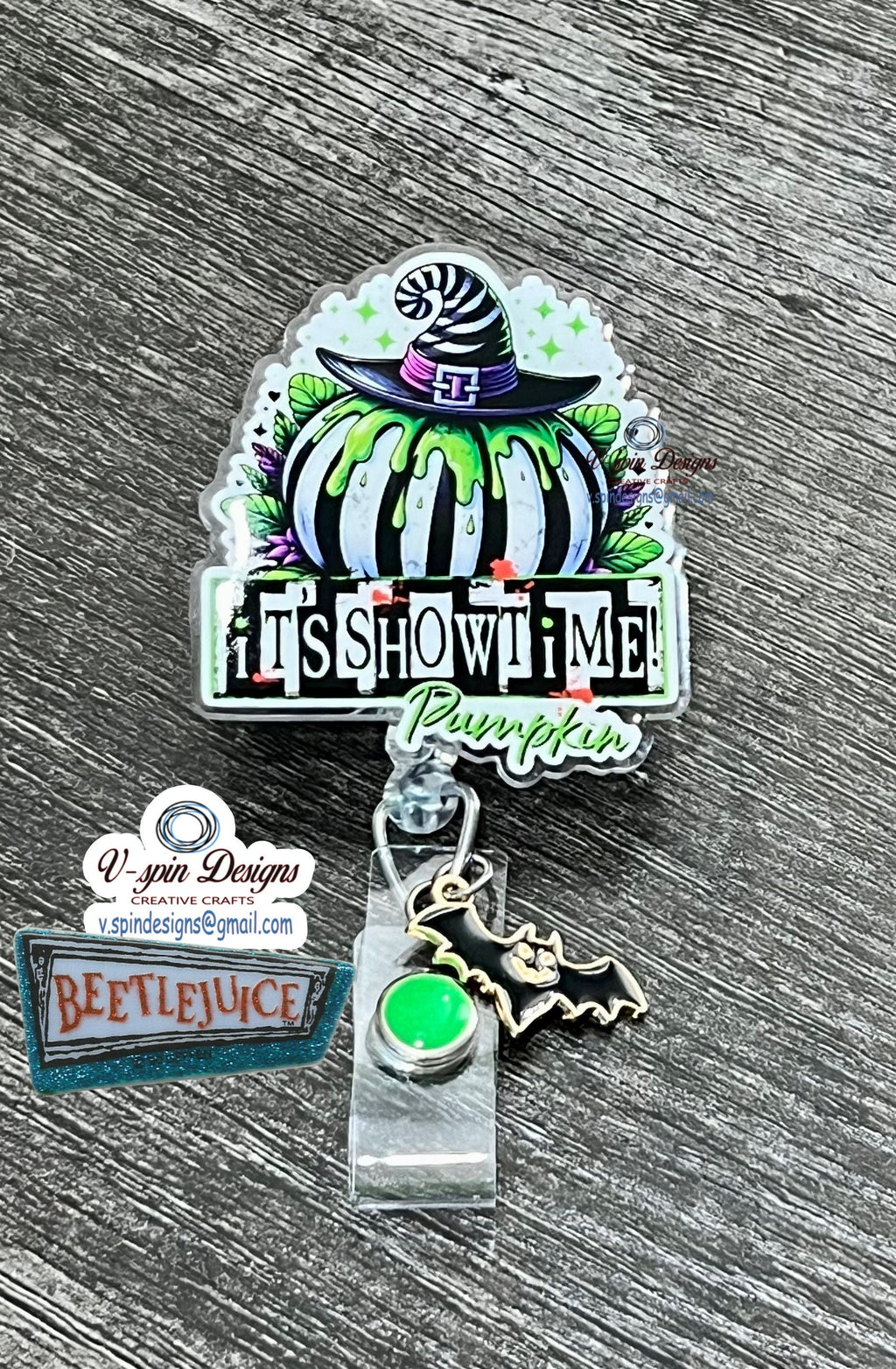 "It's Showtime" Pumpkin Halloween Badge Reel | Spooky Retractable Acrylic ID Holder