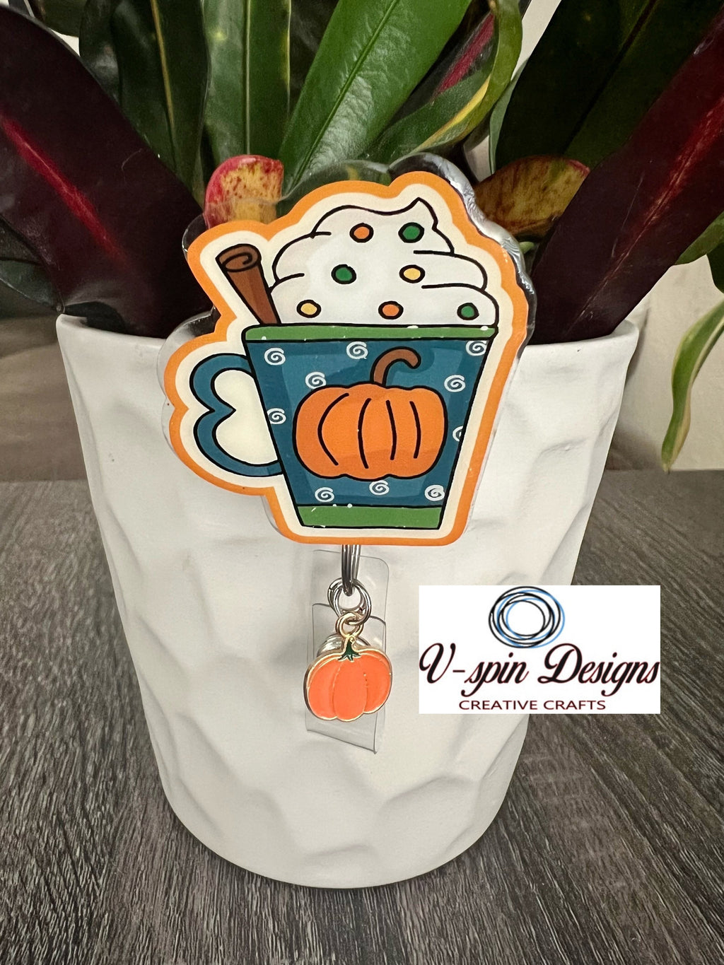 Pumpkin Spice Cup Badge Reel | Fall Coffee Retractable Acrylic ID Holder