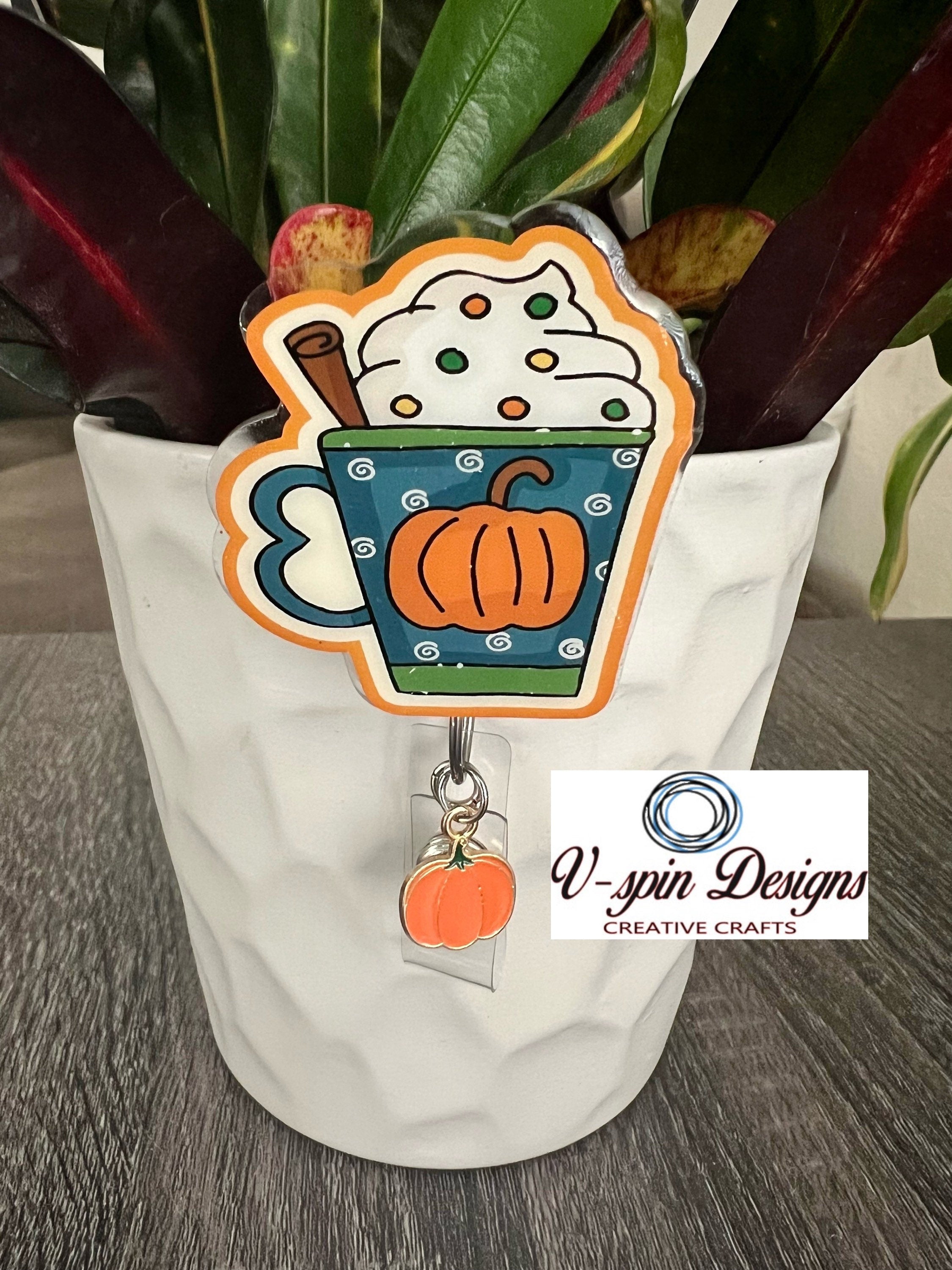 Pumpkin Spice Cup Badge Reel | Fall Coffee Retractable Acrylic ID Holder