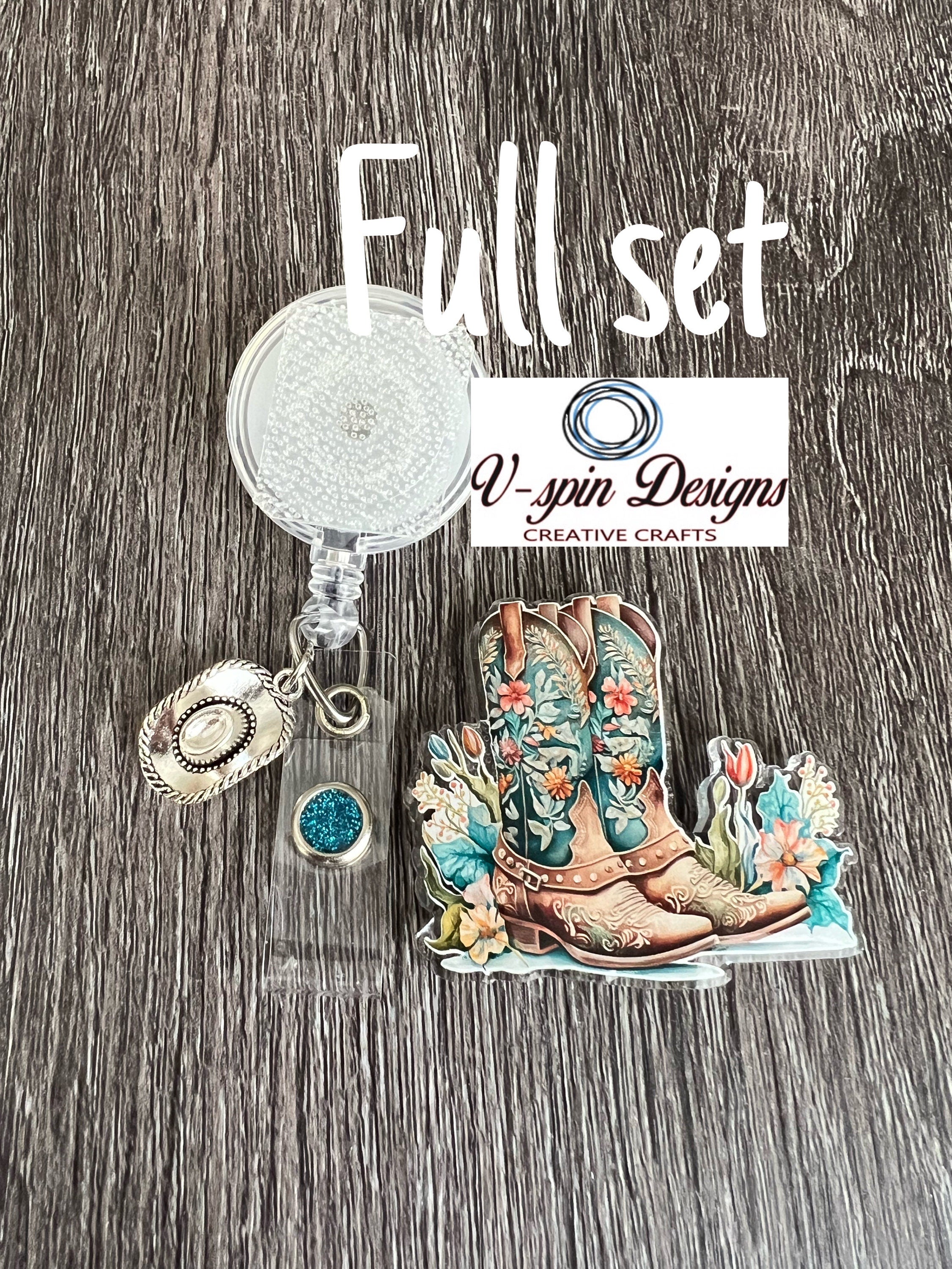 Cowgirl Boots & Flowers Badge Reel | Western Retractable Acrylic ID Holder