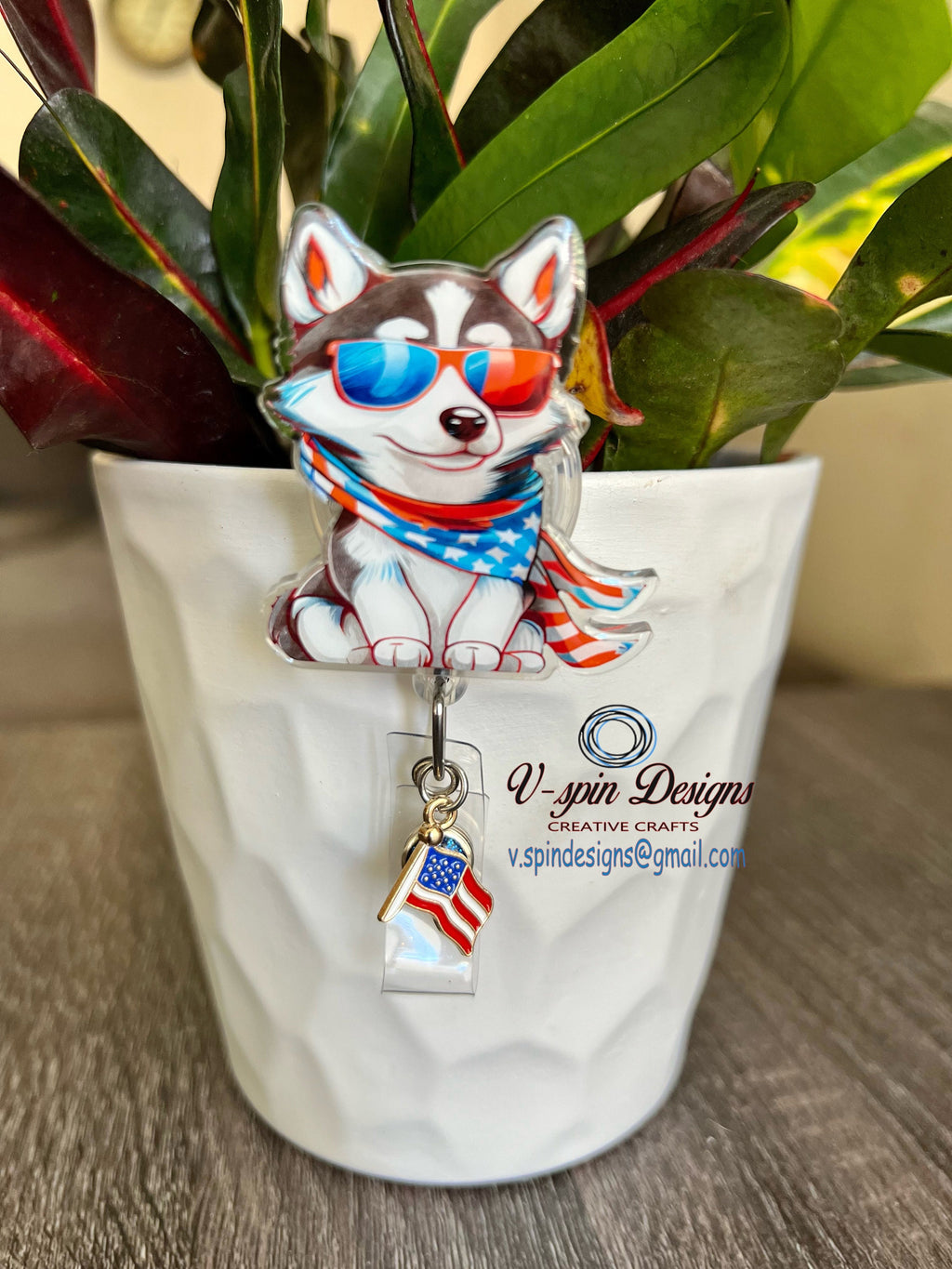 Patriotic Husky Dog Badge Reel | 4th of July Retractable ID Holder