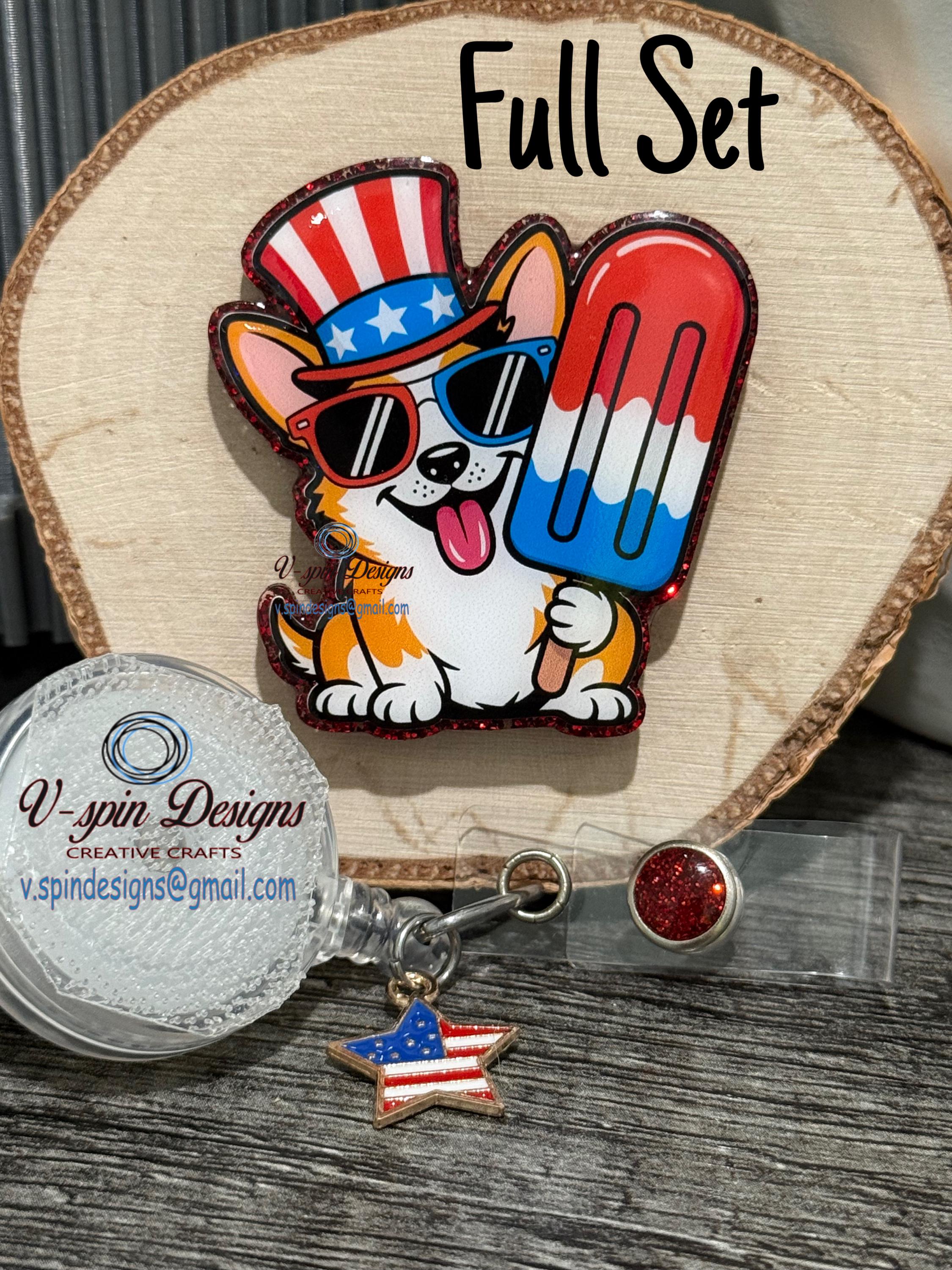 Patriotic Corgi Badge Reel | 4th of July Retractable Acrylic ID Holder