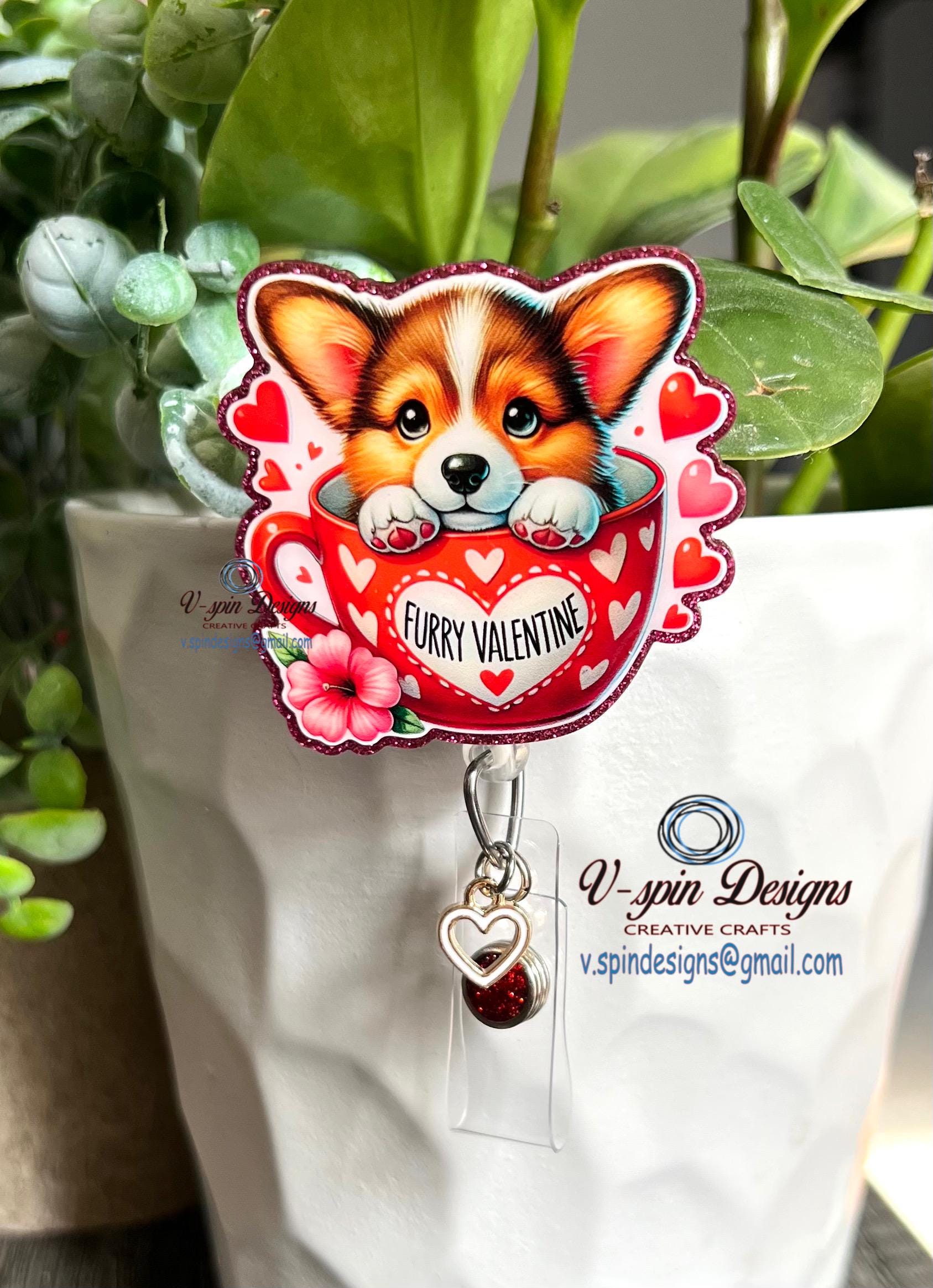 Valentine Corgi Cup Badge Reel: Acrylic ID Holder